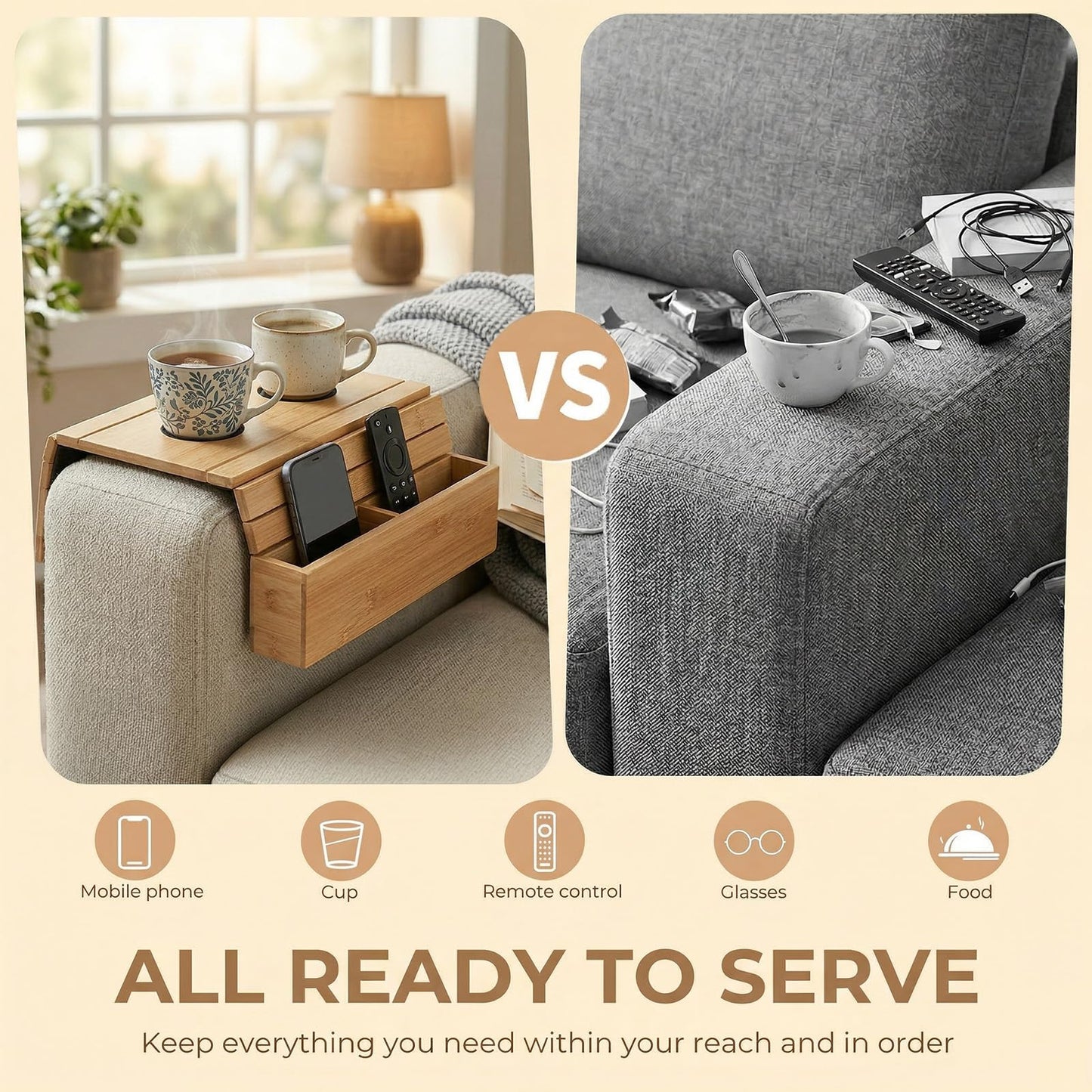 Solvio Bamboo Sofa Arm Tray with Cup Holder, Foldable Couch Arm Table with Anti-Slip Base, Wooden Armrest Organizer for Drinks, Snacks