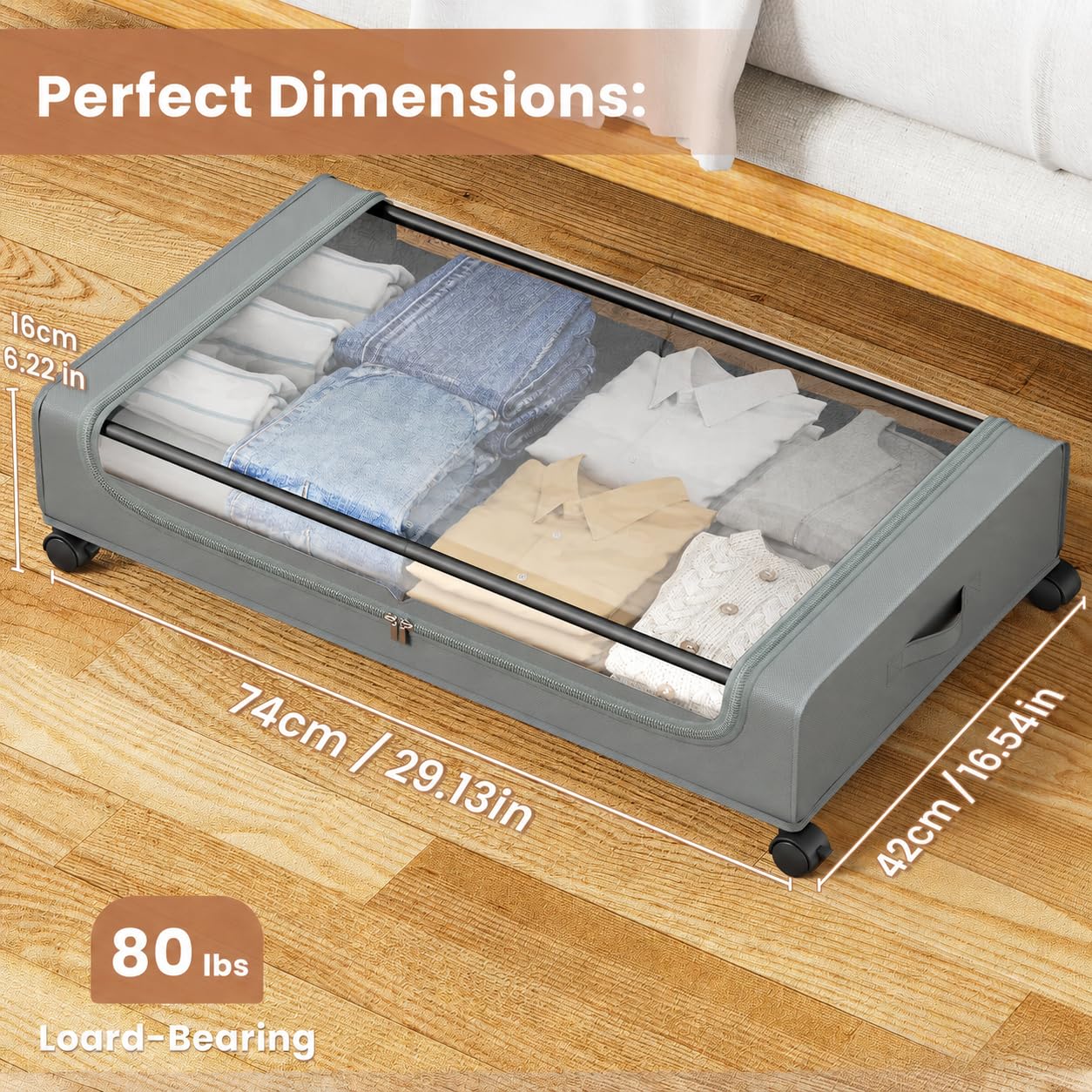 PHINOX Large Fabric Under Bed Storage on Wheels & Dust Cover, Grey, 2 PCS