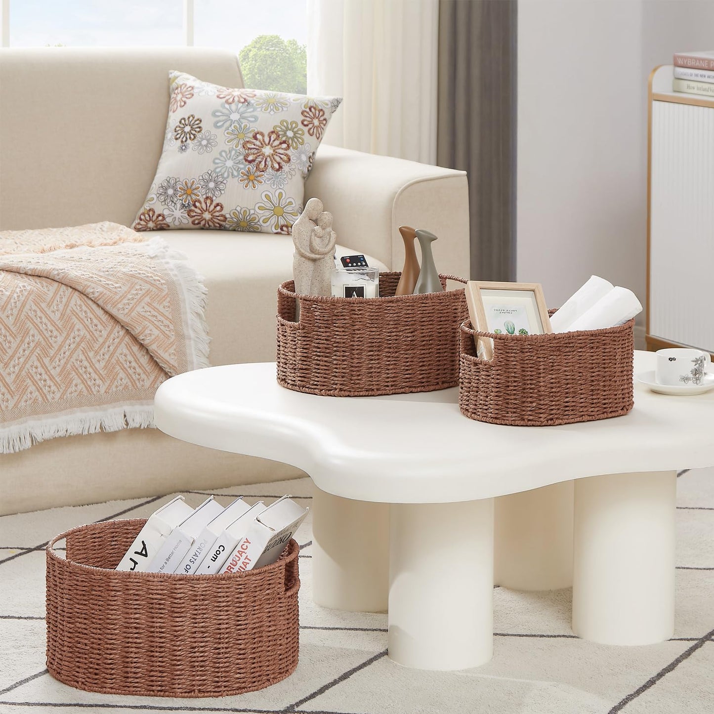 Vagusicc Wicker Basket, Set of 3 Woven Wicker Storage Baskets with Handles, Round Paper Rope Storage Boxes Bin Organizer for Bathroom Shelves Closet