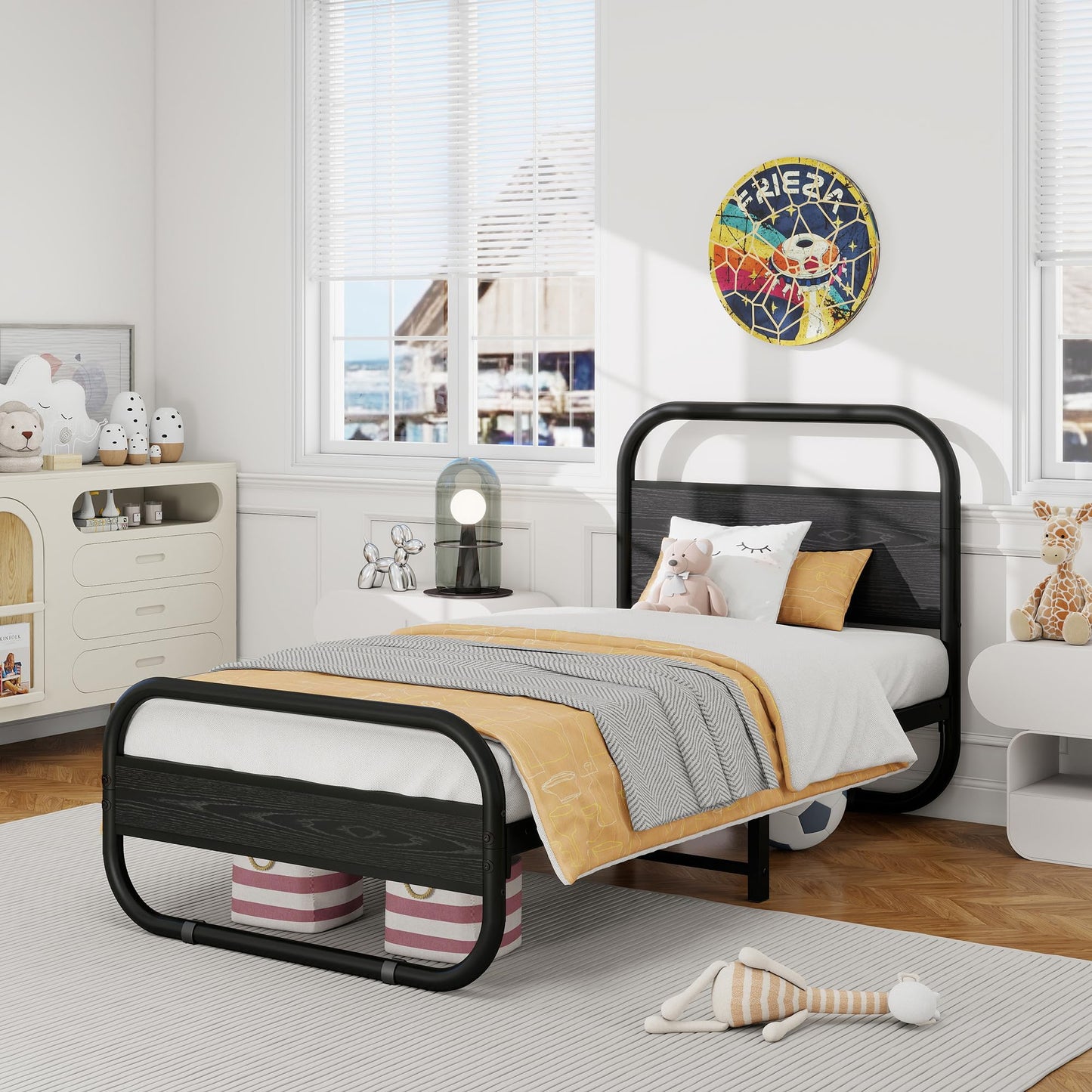 Diahomy 3ft Single Bed Frame with Wood Headboard and Footboard, Black