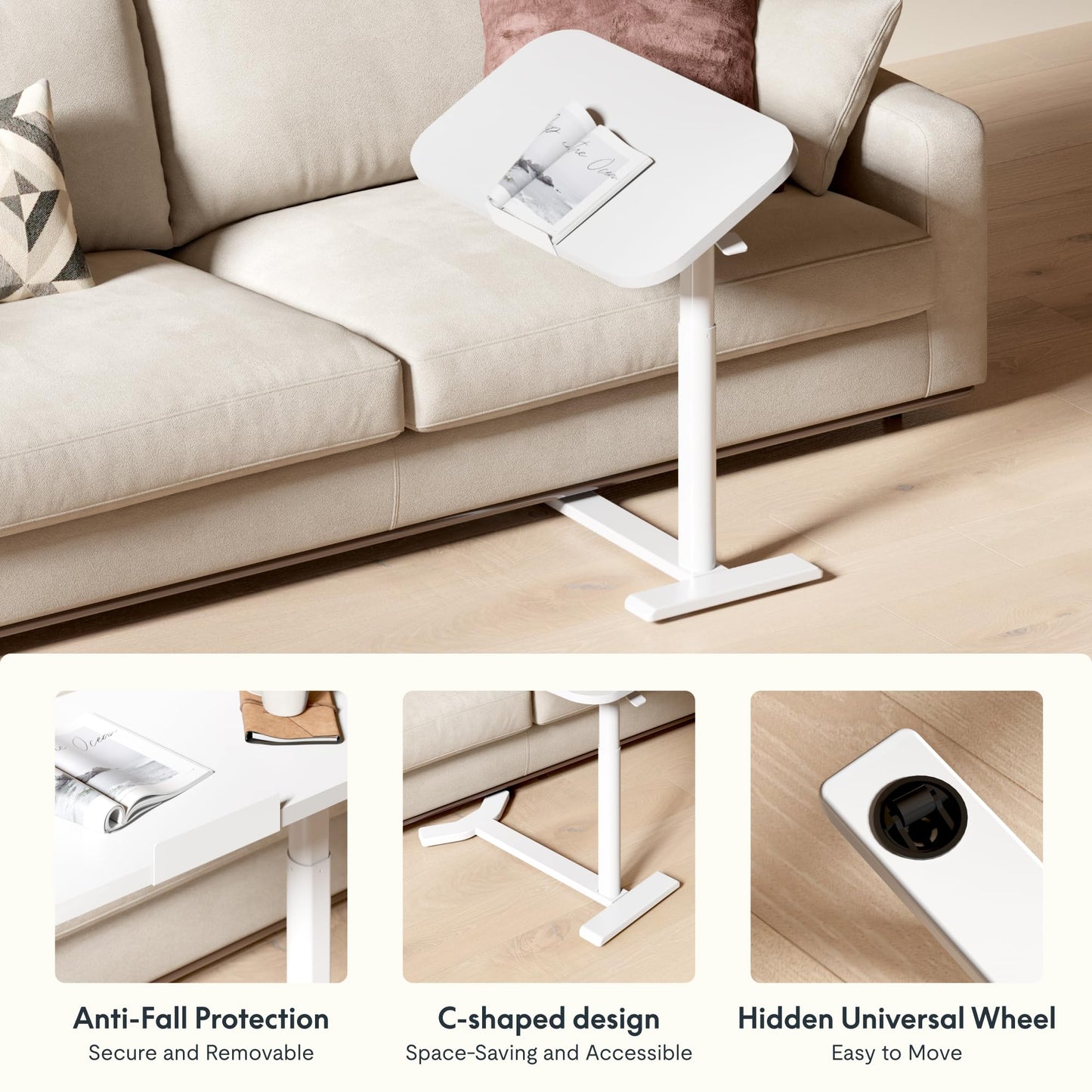FLEXISPOT Overbed Table with Wheels, Adjustable Height Bedside Table, Rolling Laptop Desk for Bed Sofa, Small Standing Desk 75 x 40 cm