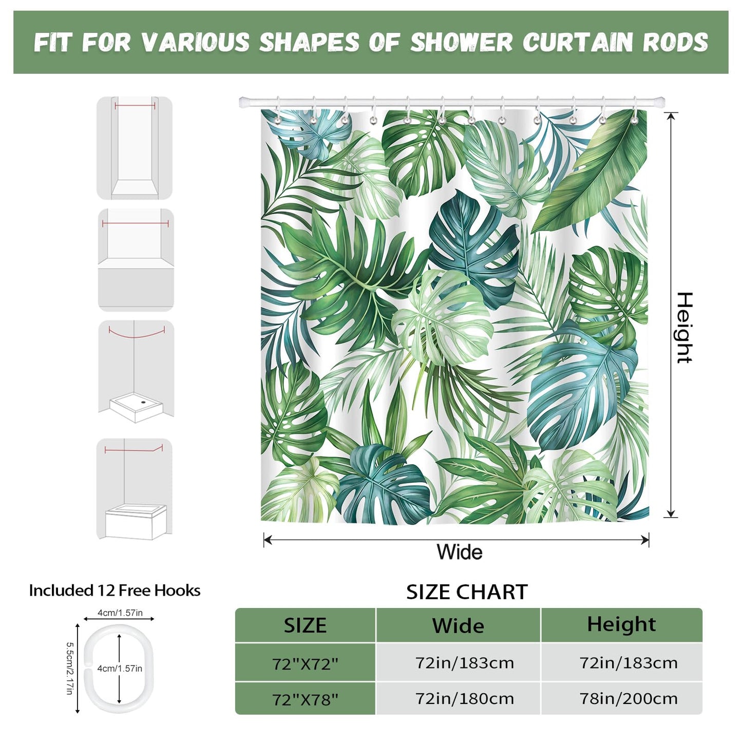 hometrixx Summer Jungle White Green Palm Tree Leaf Shower Curtain 72X72In