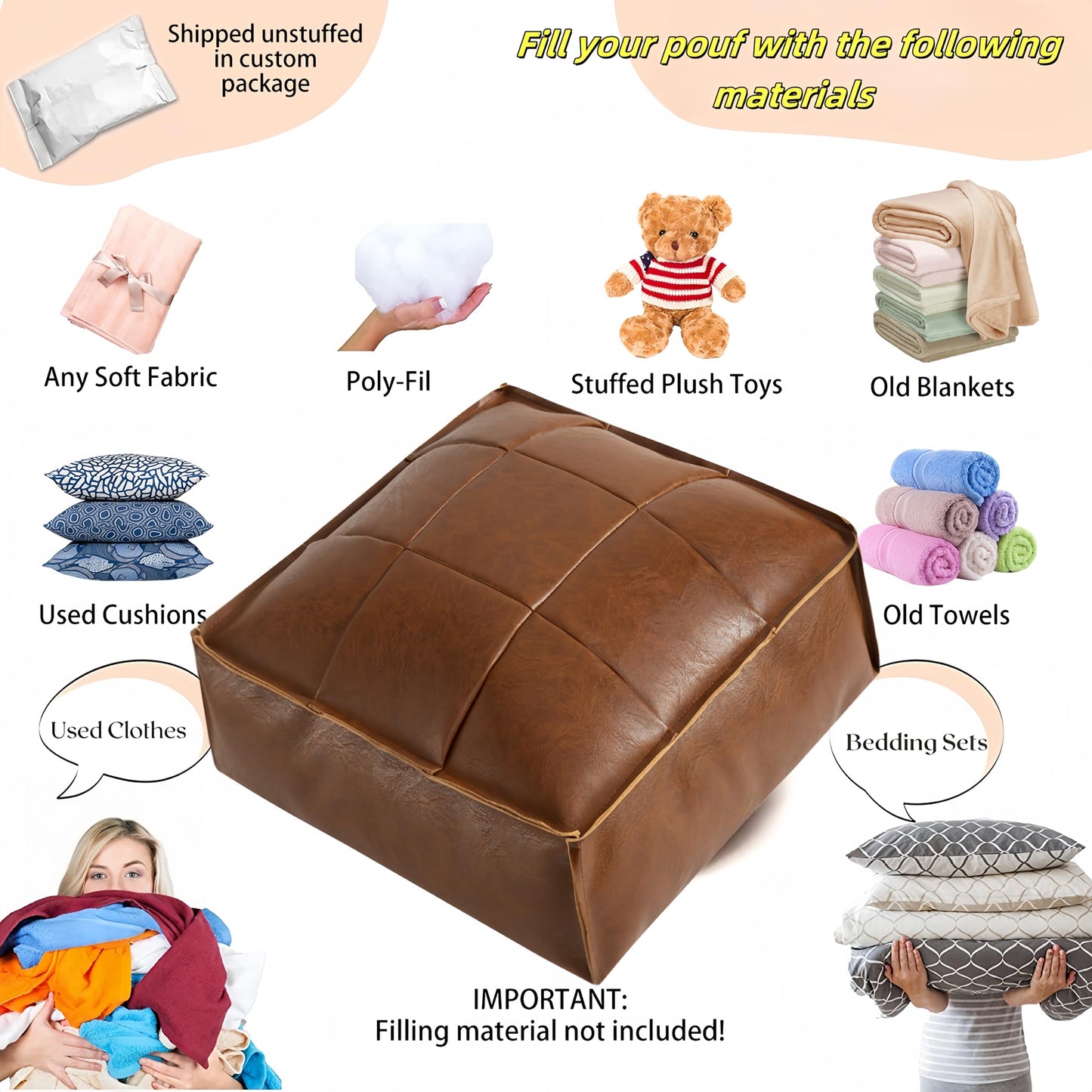 MLUPODY PU Leather Floor Cushion Cover - Seat Cushion Cover for Self-Filling - 45 x 45 x 15 cm, Brown