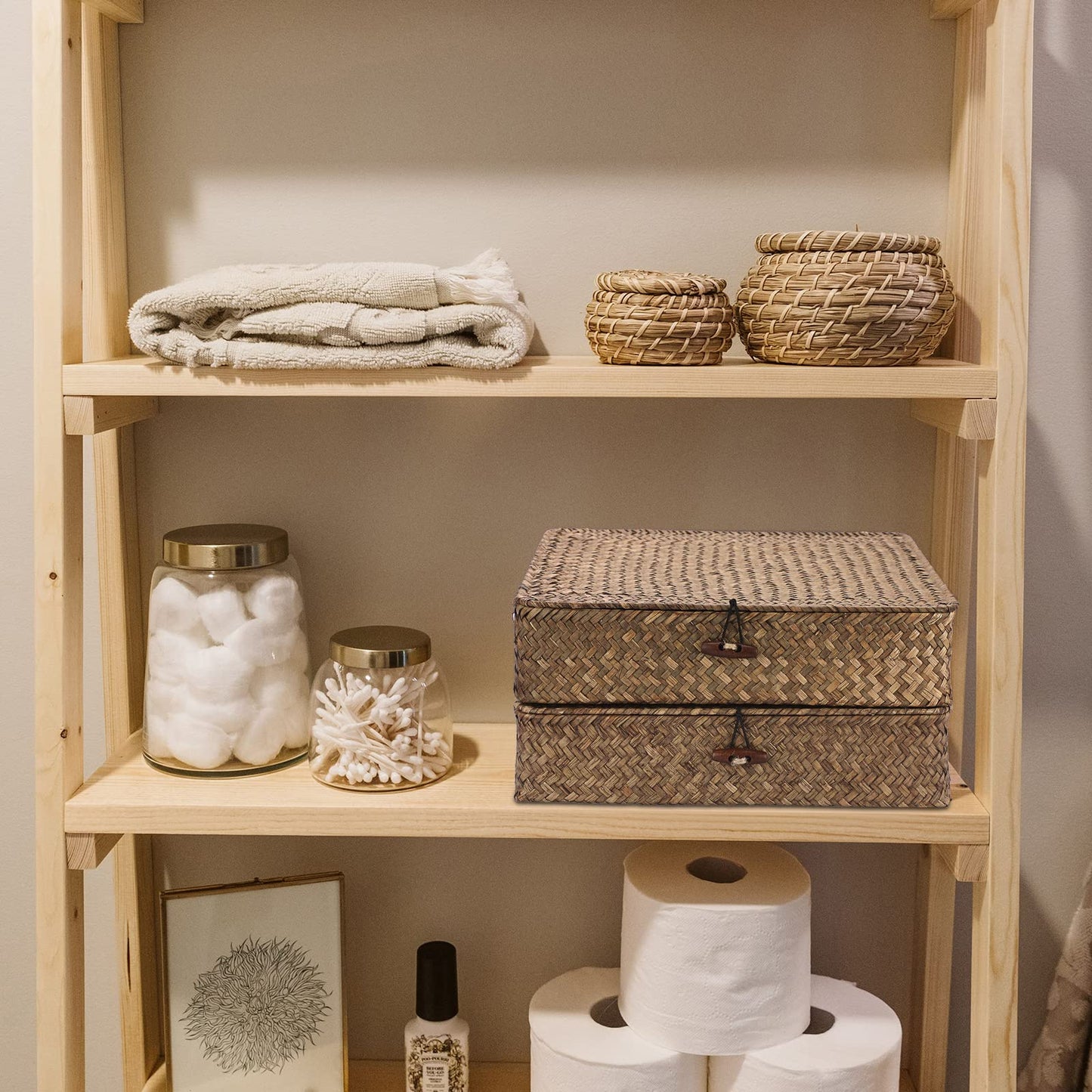 IGNPION Seagrass Storage Basket with Lid, Bathroom Woven Shelves Box Set of 2 Wicker Decorative Baskets, Flat Desk and Shelves Basket Bins