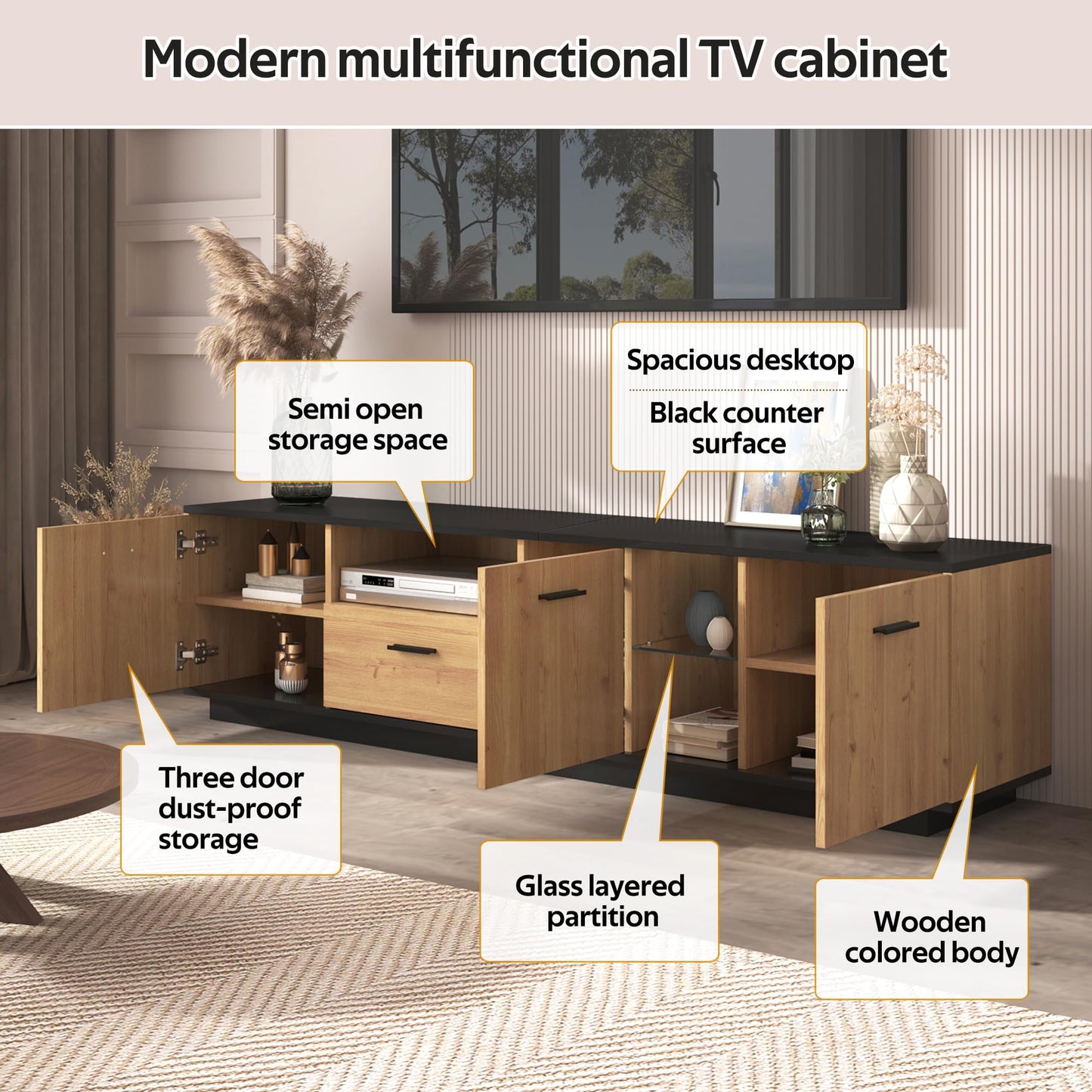 Ball & Cast TV cabinet with one drawer, three doors, two open glass compartments. TV unit