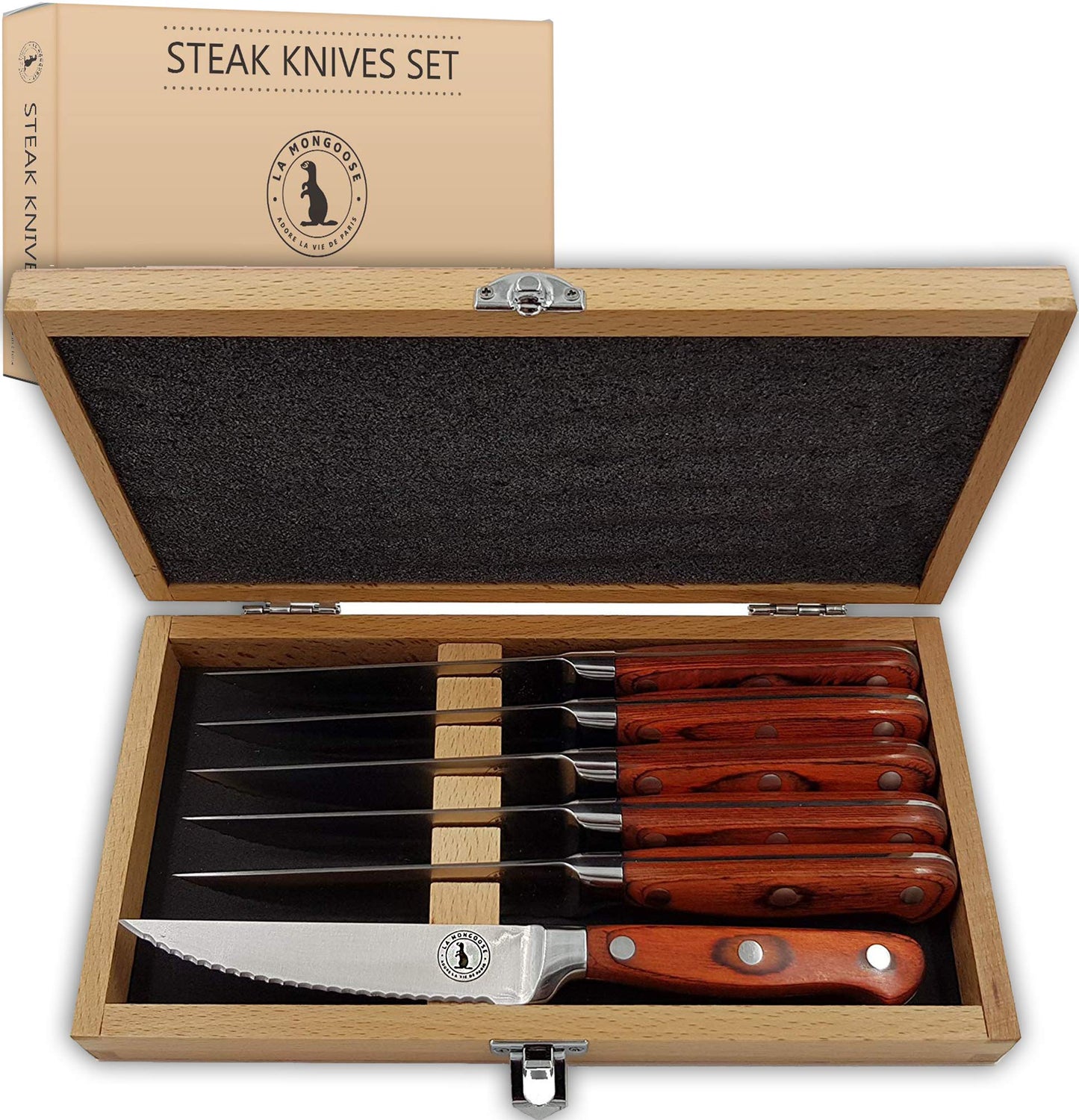 Steak Knife Set in Gift Box. 6 Full Tang High Carbon Stainless Steel Micro Serrated Knives. Classic Dark Brown Ergonomic Pakkawood Handles. Luxury
