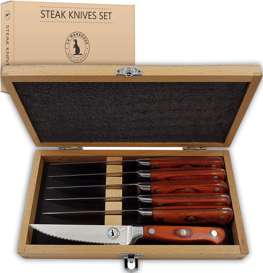 Steak Knife Set in Gift Box. 6 Full Tang High Carbon Stainless Steel Micro Serrated Knives. Classic Dark Brown Ergonomic Pakkawood Handles. Luxury