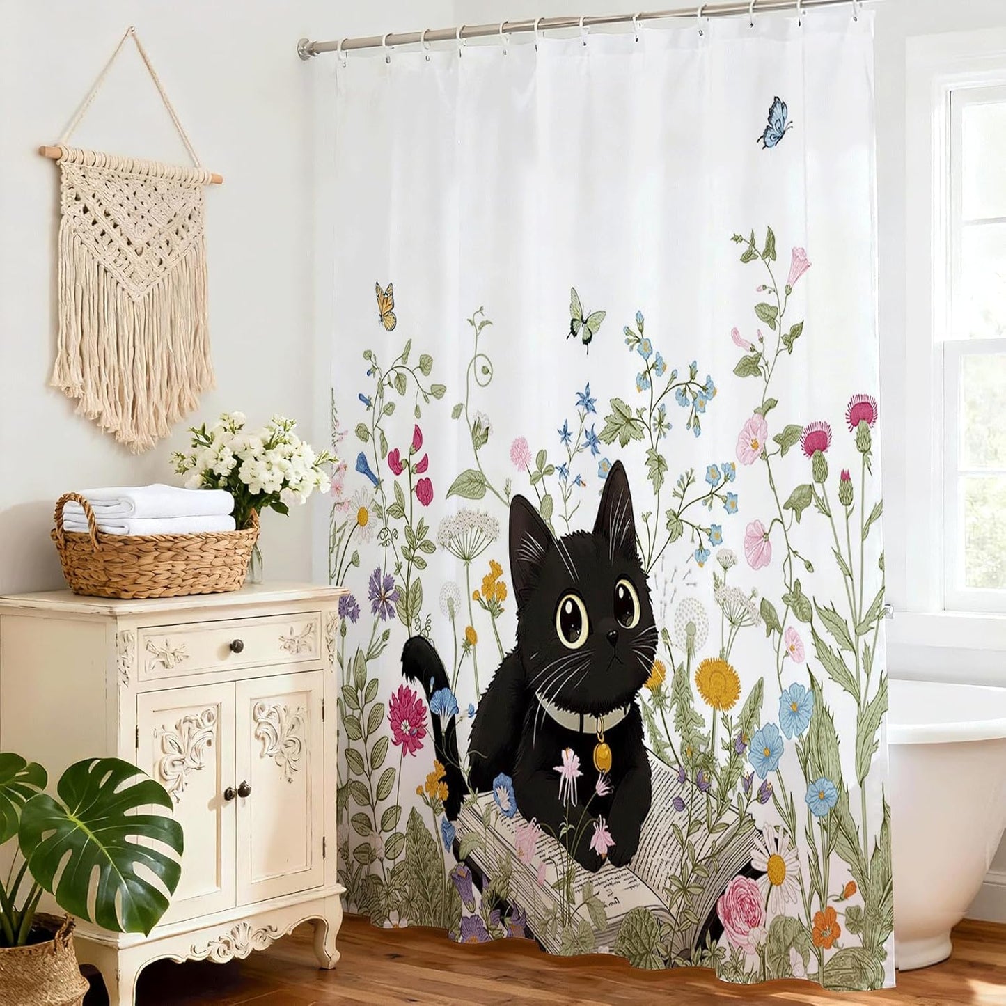 Avezano Cat Shower Curtain Cute Black Cat Floral Bathroom Shower Curtain Flower Kids Waterproof Fabric Shower Curtains Bathtub Decor with 12 Hooks 72