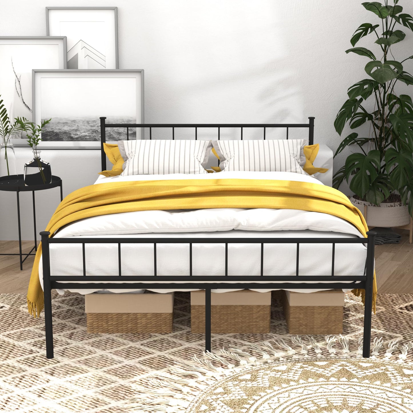 XINBEDEU 4ft6 Double Bed Frame, Modern Style Metal Platform Bed with Headboard and Footboard, Sturdy Metal Slatted Support Requiring No Spring
