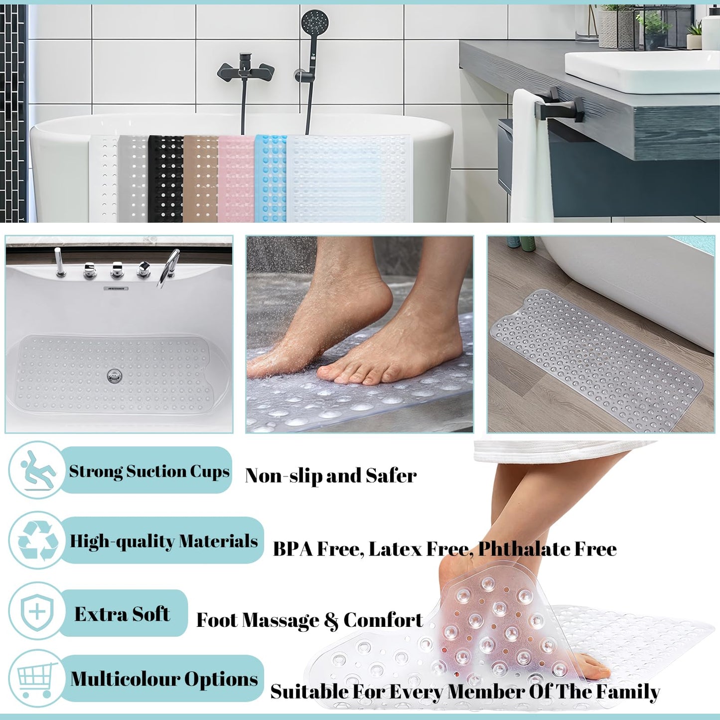 Shower Bath Mat 100x40cm,Extra Long Shower Mat Anti Mould Bath Mats Black,Non Slip Bath Mat for Tub,Shower Mats with Suction Cups,Drain Holes,Machine