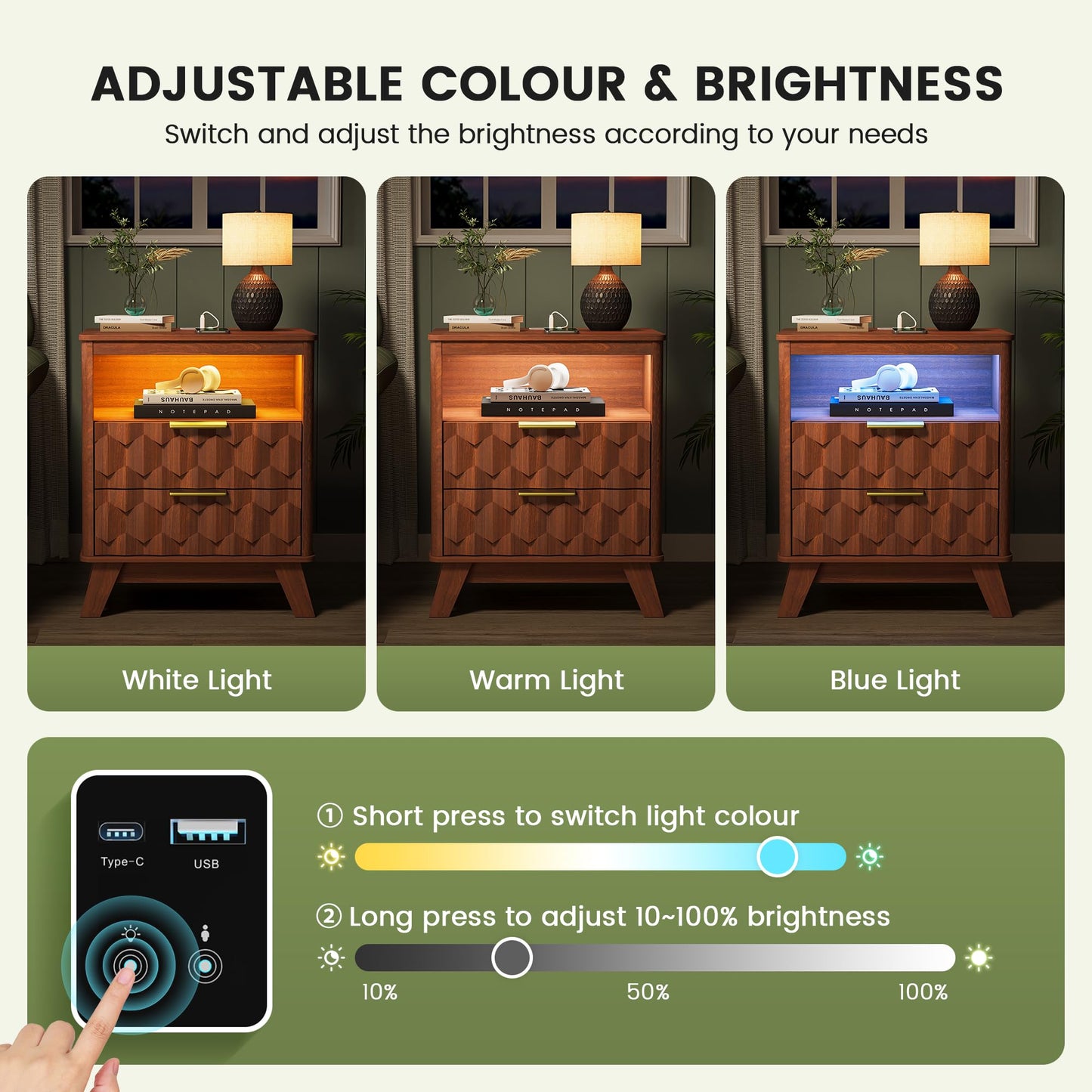 Gurexl Led Bedside Tables with USB and Human Body Sensor for Bedroom,Walnut