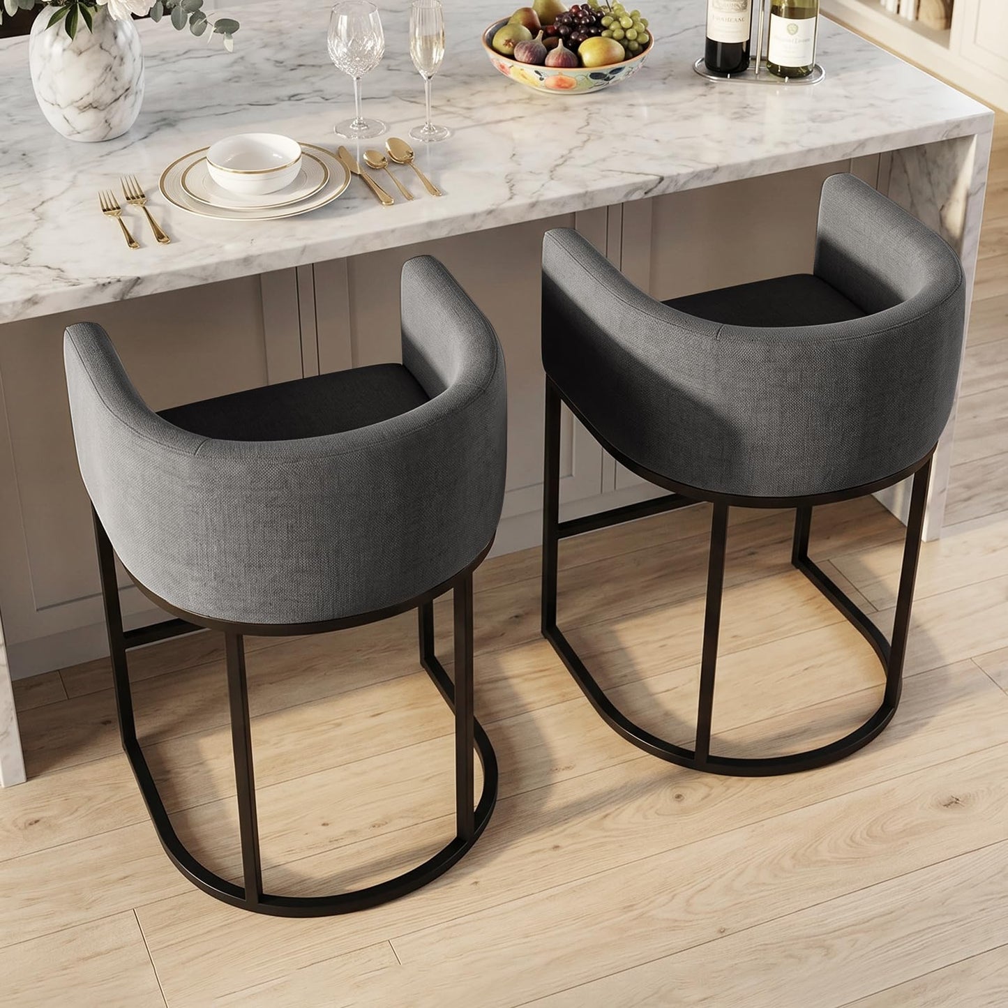 KRAMZMING Counter Height Bar Stools Set of 2, 24 Inch Linen, Carbon Black