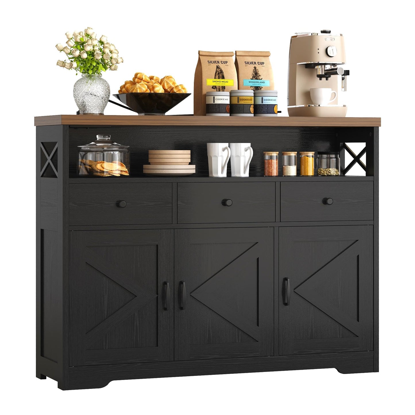 IRONCK Sideboard Kitchen Cabinet with Power Outlets, 107x35x95cm, Black