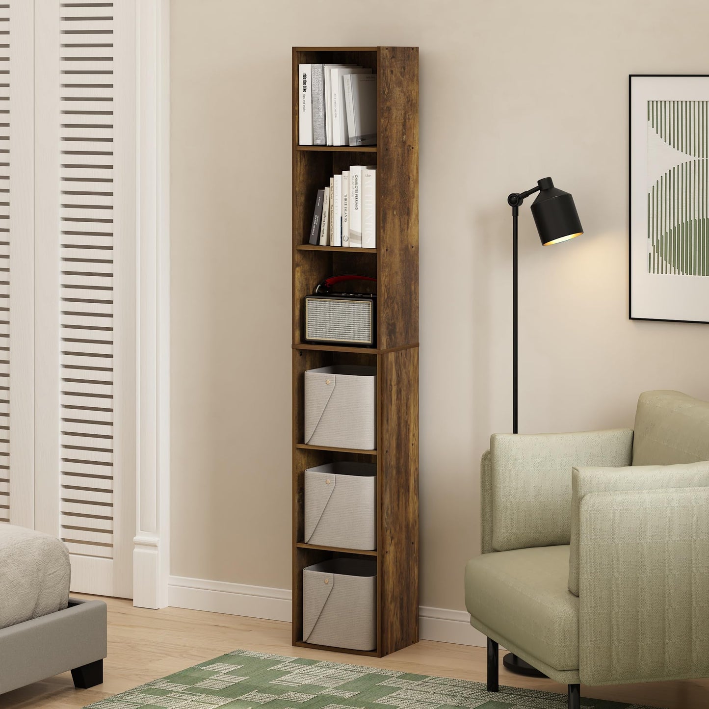 Furinno LUDER Book Shelf, 6-Tier Tall Modern Bookshelf, Bookcase with Open Shelves, 9.3 x 12 x 71, for Living Room, Bedroom, Home Office, Amber PINE