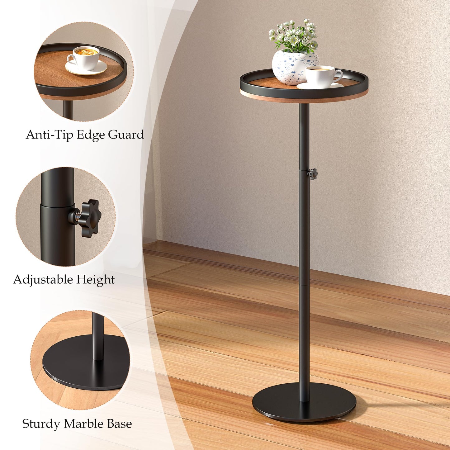 KEENSUNI Small Round Side Table,Drink Table,Martini Table with Marble Pedestal for Small Space, Living Room,Bedroom,Sofa Couch (Walnut)