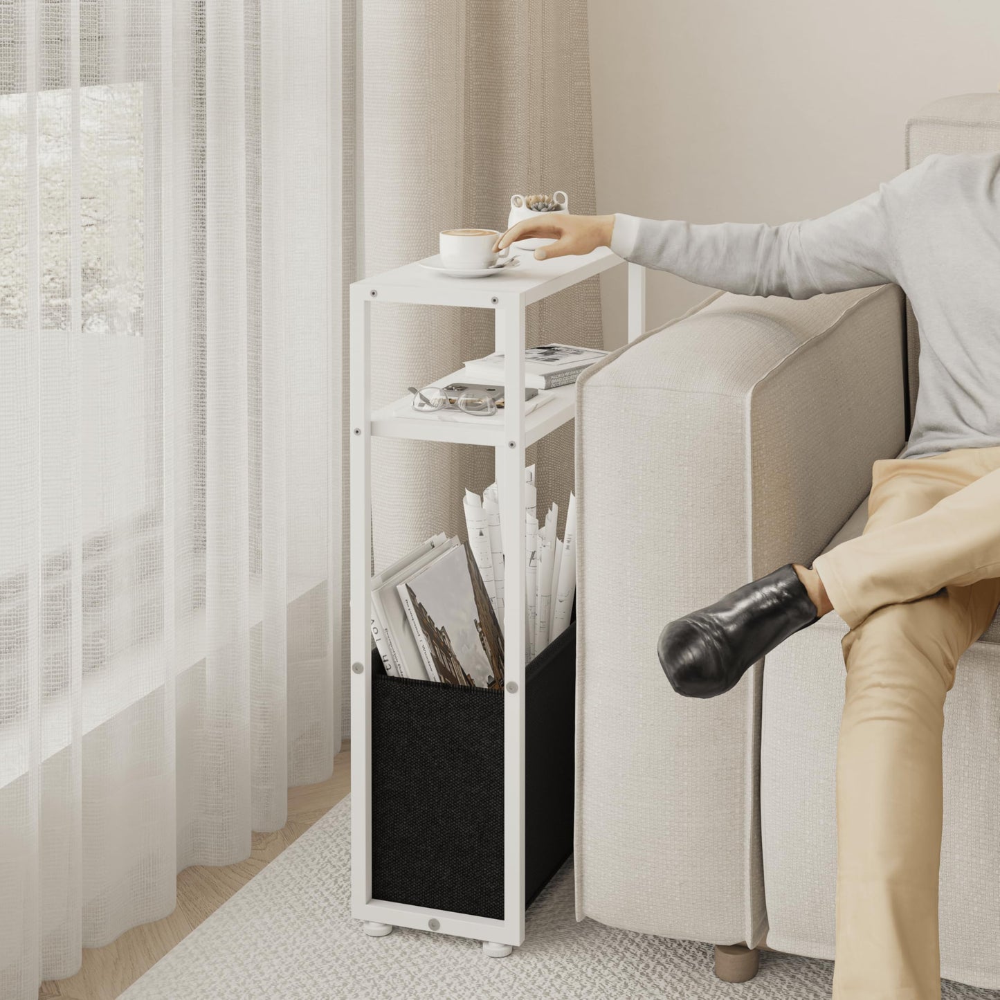 JERX Narrow Side Table with Fabric Basket, End Table for Small Spaces, Slim Side Table with Magazine Rack for Living Room Office Bedroom and Bathroom