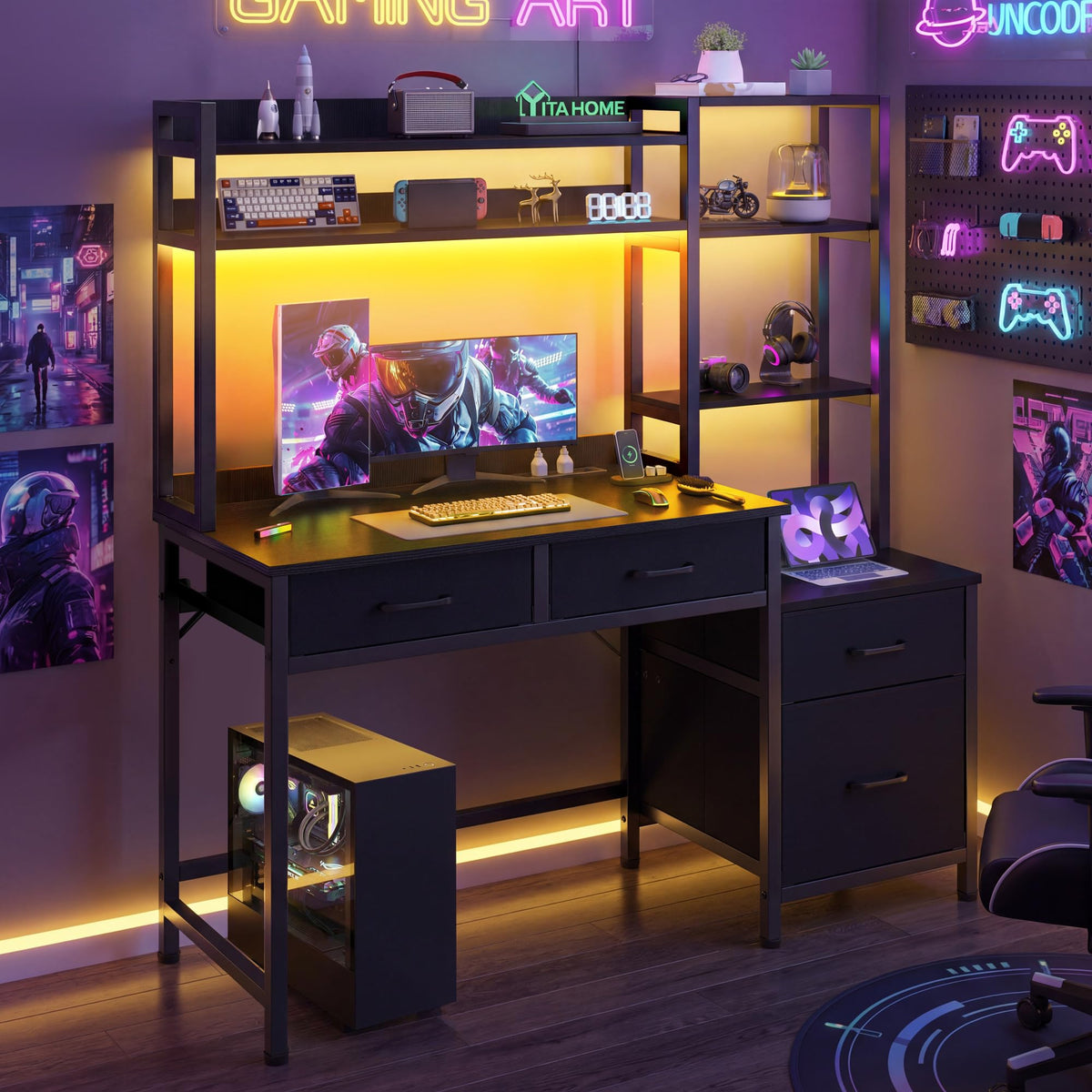 YITAHOME Computer Desk with Drawers LED Power 128cm Home Office Black