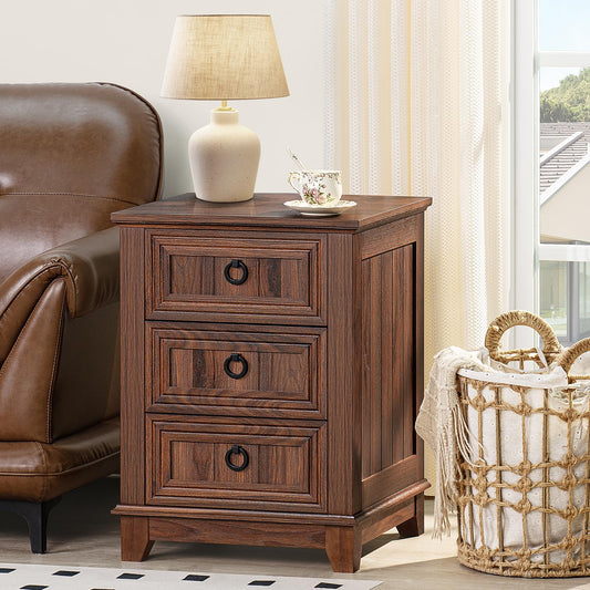 LELELINKY 46 cm Country Style Bedside Table with 3 Drawers, Side Table Chest of Drawers for Bedroom,brown Bedside Table, Wooden Bed Side Table with