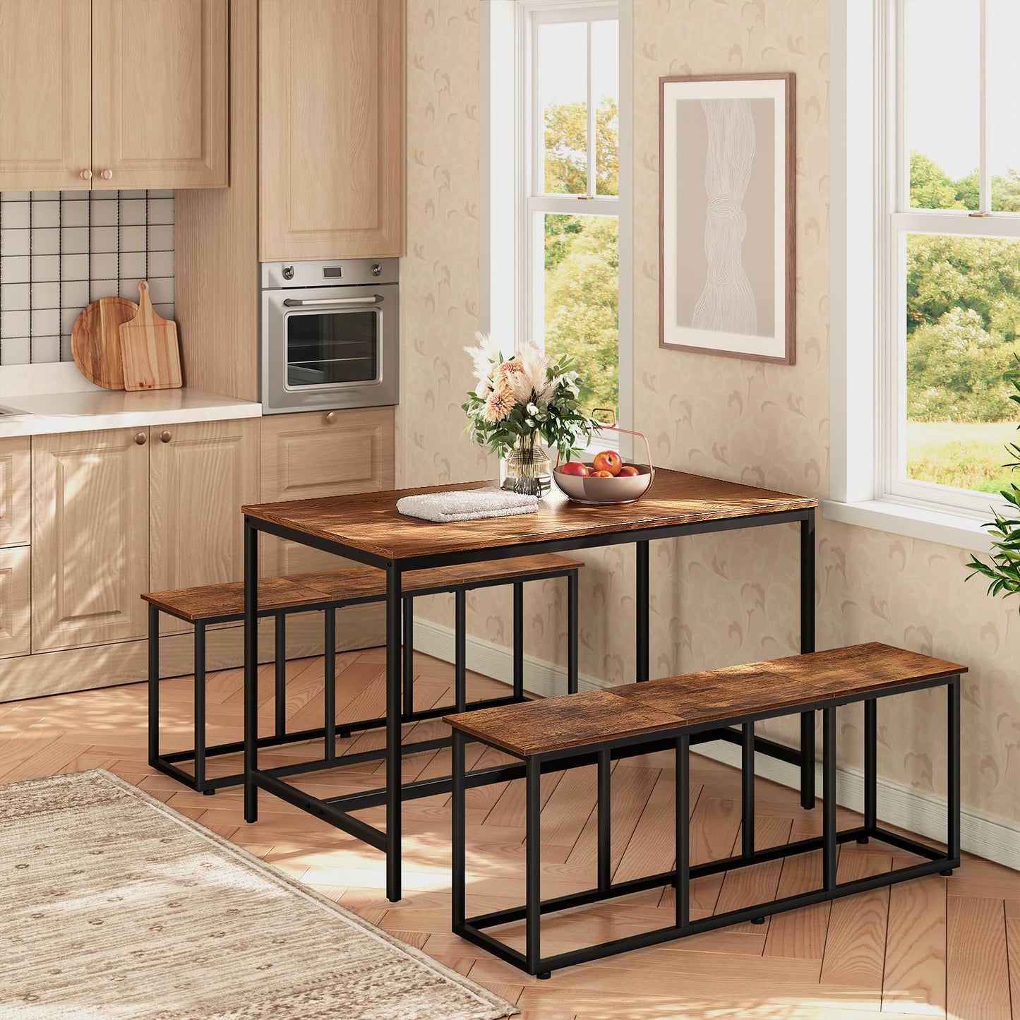 HOOBRO 120 cm Dining Bench, Industrial Indoor Kitchen Bench Seat, Easy Assembly, for Kitchen, Entryway, Bedroom, Rustic Brown and Black EBF45CD01
