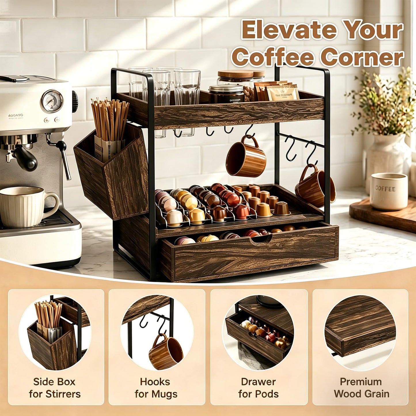 Bathroom Counter Organizer with Drawer and Basket, Wooden Skincare Holder