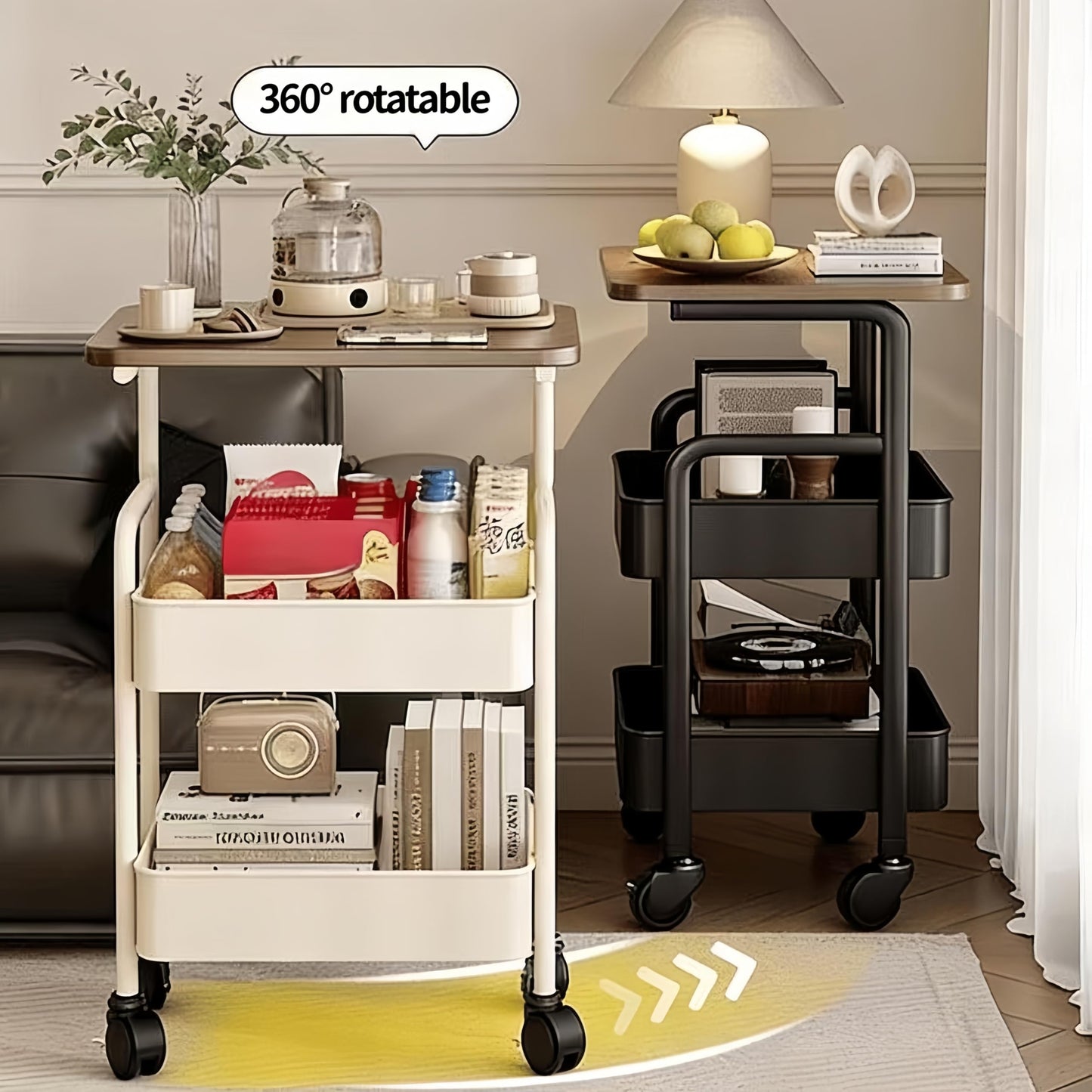 3-Tier Trolley on Wheels,with Wooden Shelves and Metal Baskets Black