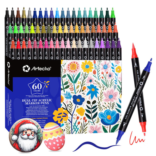 Artecho Acrylic Paint Pens 60 Colors, Dual Tip Acrylic Paint Markers with Brush Tip and Fine Tip for Rock Painting, Glass, Paper, Wood, Egg, Canvas,
