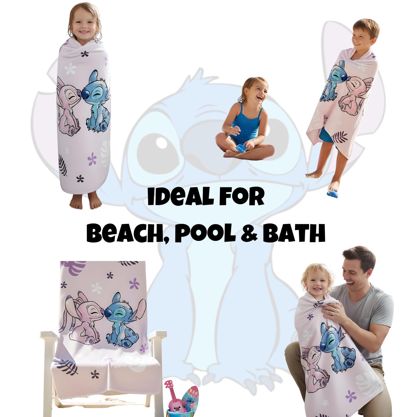 BrandMac Disney Stitch & Angel Beach & Bath Towel 70x140cm, 100% Cotton | Soft & Absorbent Kids Bath & Swim Towel | Official Stitch Towel