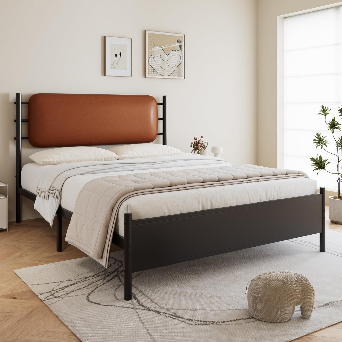 Merax 4ft6 Double Metal Bed with PU Upholstered Headboard – Wrought Iron Frame, 135x190cm, Durable & Sturdy, Comfortable Youth Bed for Teens & Adults