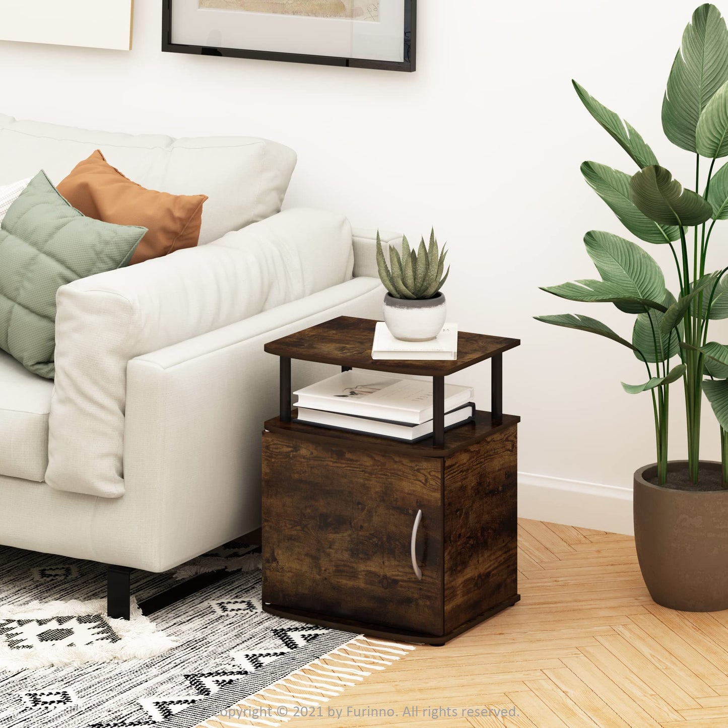 Furinno JAYA Side Table, End Table with Door Cabinet, Night Stand, Bedside Table, for Living Room, Bedroom, Amber Pine