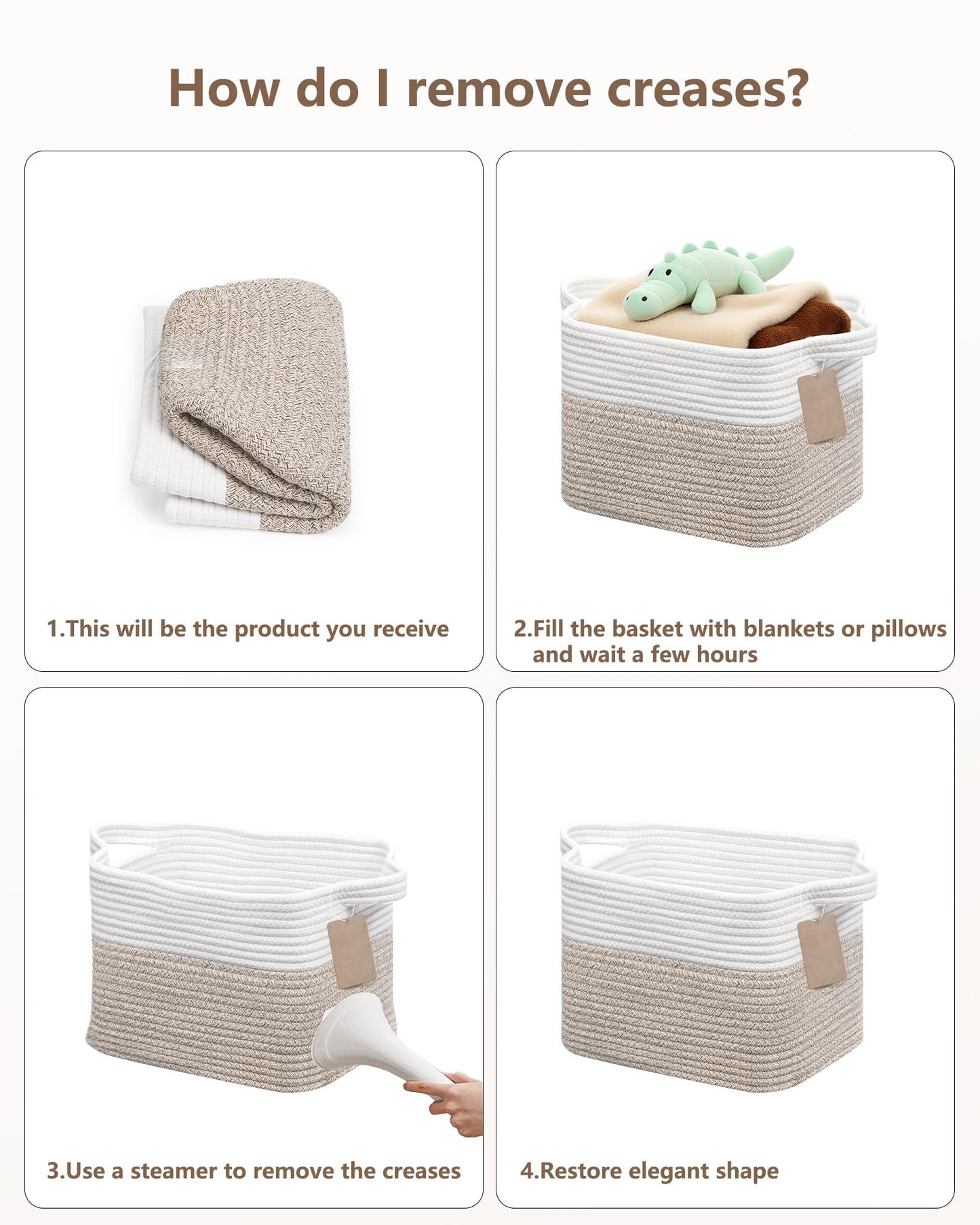 JOJOSEE Small Cotton Rope Woven Storage Basket for Shelves, White&Brown