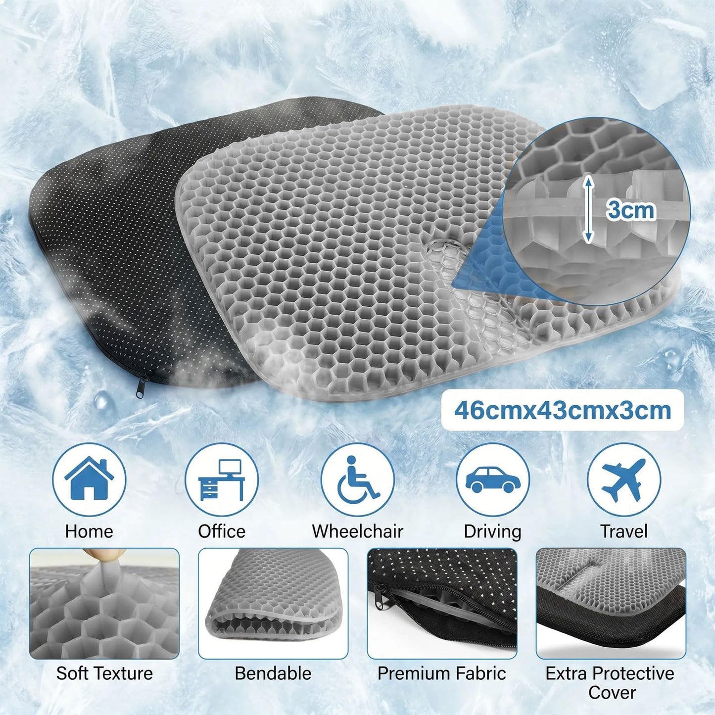Gel Seat Cushion - Soft Sitter Honeycomb Cushion with Non-Slip Cover Large Gel Cushion with Relieving Back Coccyx Pain Pressure Cool Seat Pads for