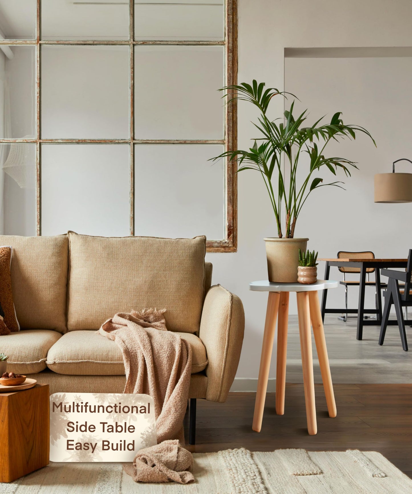 Modern White Side Table - 62cm Tall Plant Stand, Wooden Indoor Cloud Table