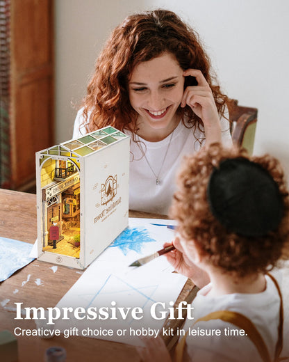 Rolife Book Nook Kits Booknook for Adults 3D Wooden Puzzle Model Kits for Bookshelf Bookends Decor with Furniture and Accessories Sunshine Town
