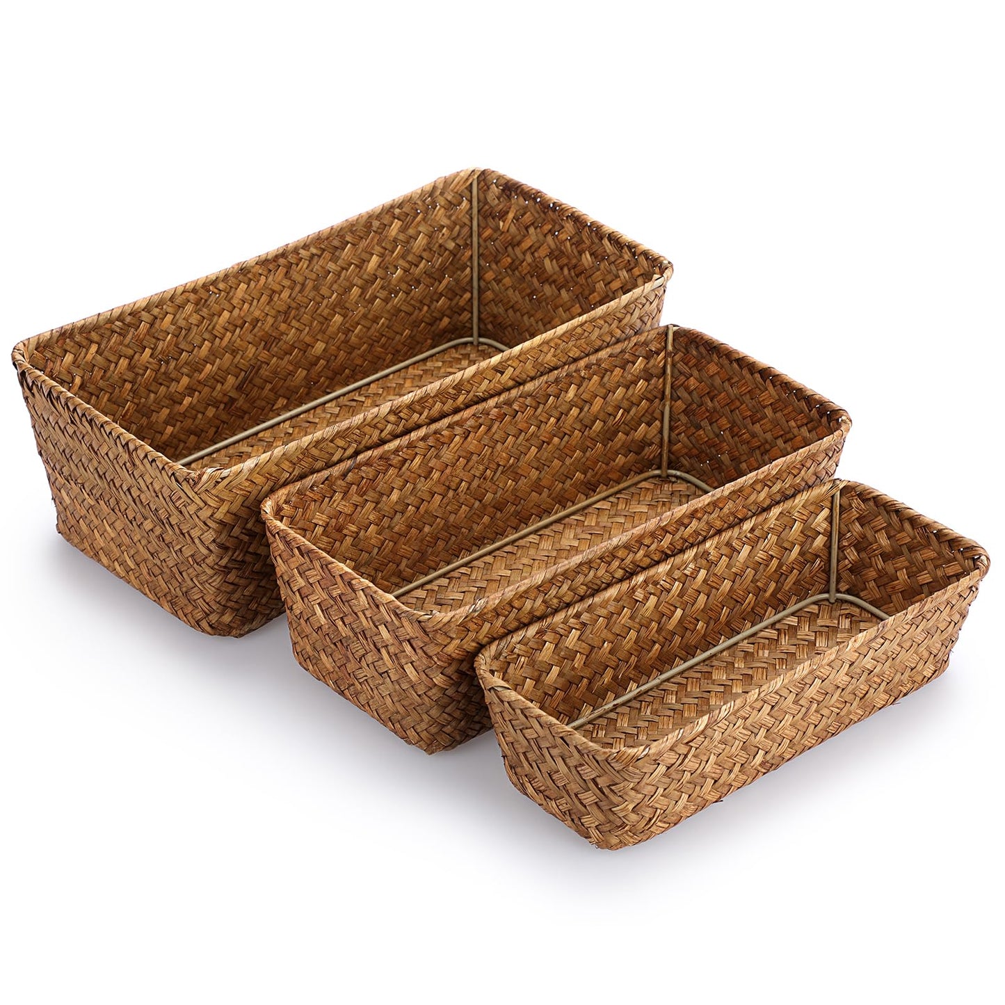 SUMTree Set of 3 Seagrass Storage Baskets Natural wicker Baskets (Caramel)