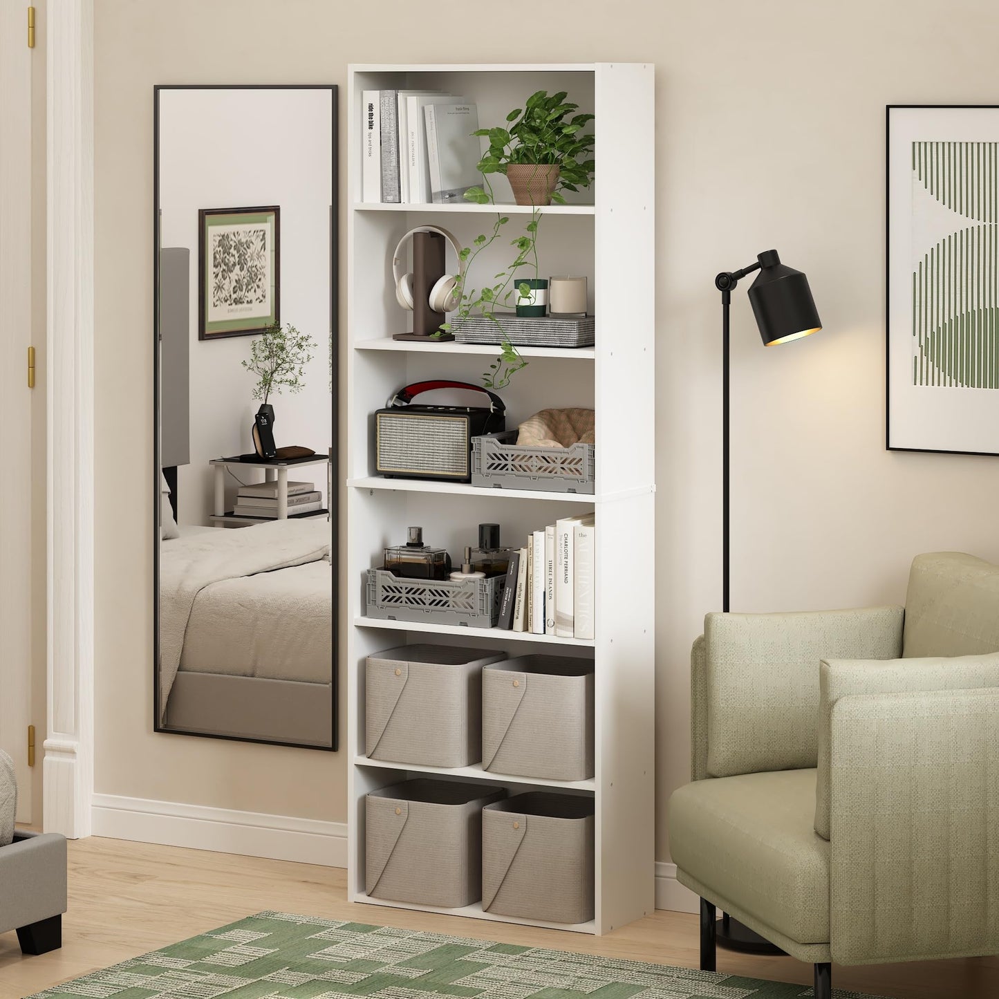 Furinno JAYA Book Shelf, 6-Tier Bookshelf, Free Standing Bookcase with Open Storage, 9.5 x 24.6 x 71, for Living Room, Bedroom, Home Office, White
