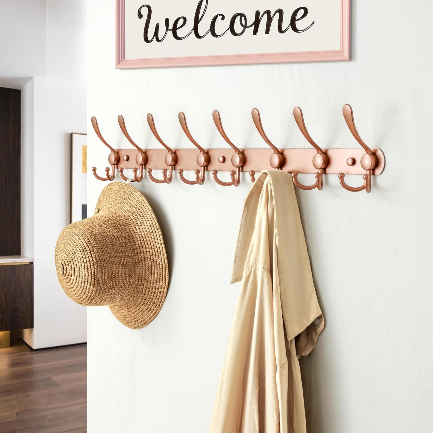 Dseap Coat Rack Wall Mount - 74cm Long 8-Tri-Hooks Heavy Duty Coat Hanger Rail Wall Hooks for Hanging Coats Hats Clothing Clothes Purse Mudroom