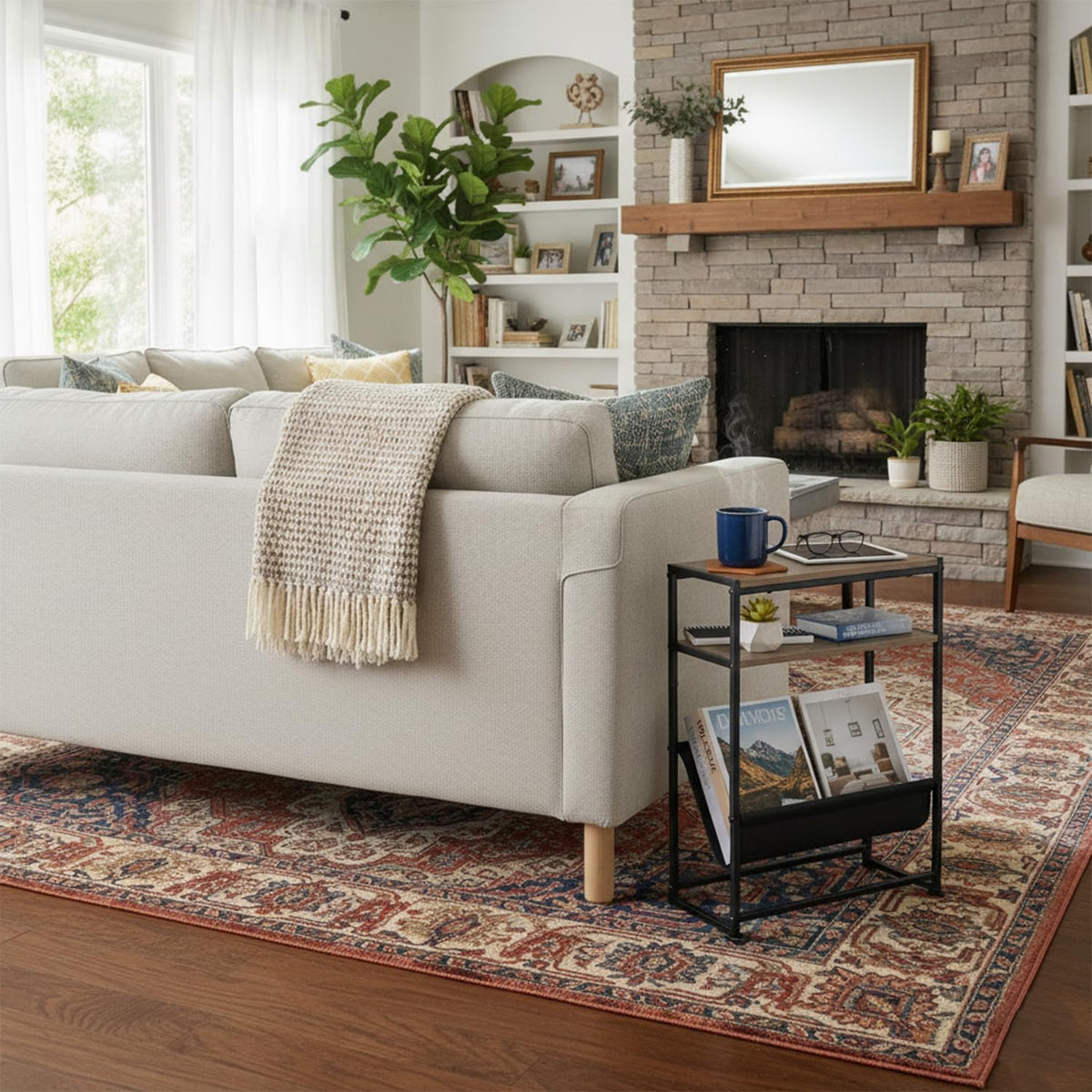 ZEXVIDA Small End Table for Small Spaces - Slim Side Table with Magazine Holder,2 in 1 Design Narrow End Table Living Room,Skinny Bedroom Nightstand