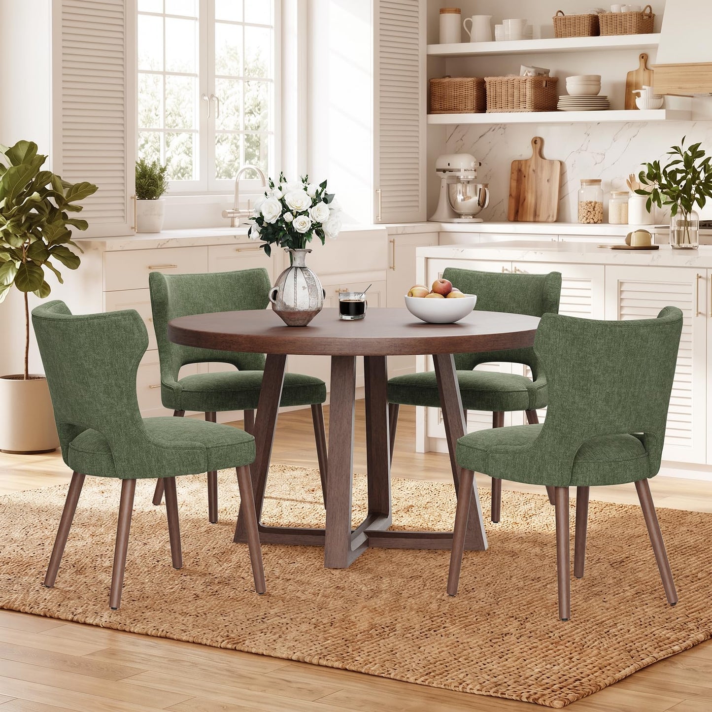 MALOL Upholstered Dining Chairs Set of 4, Dining Room Chairs with Hollow Backrest, High Back Kitchen Chairs with Solid Wood Legs, Thick Seat Cushion