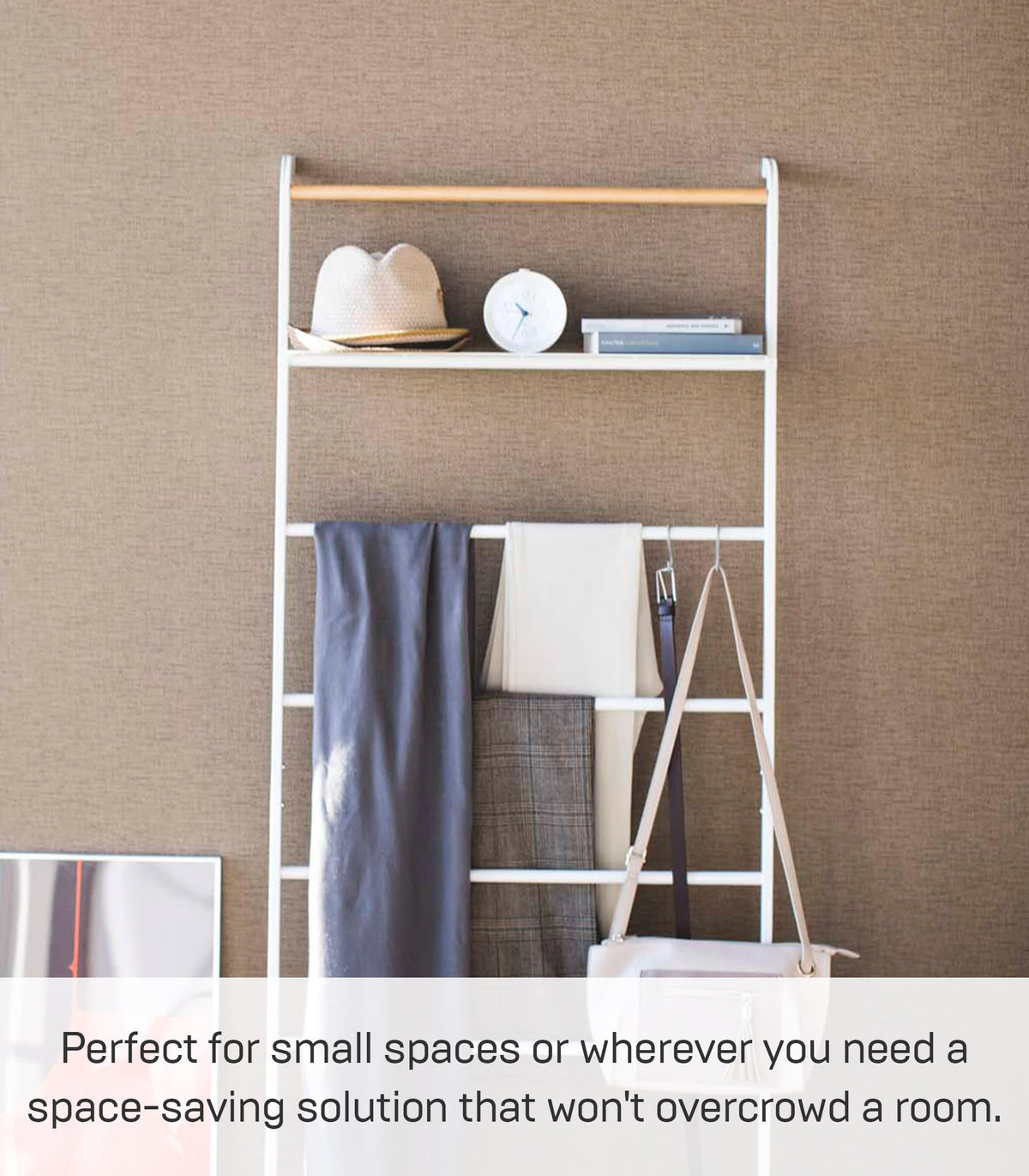 Yamazaki 3871 TOWER Ladder Hanger with Shelf, White, Steel/Wood, Minimalist Design, 66 x 30～38 x 160 cm LxWxH