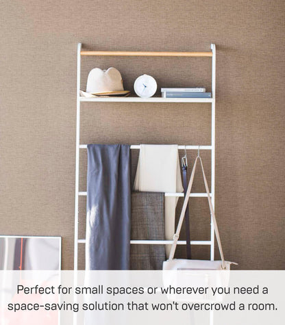 Yamazaki 3871 TOWER Ladder Hanger with Shelf, White, Steel/Wood, Minimalist Design, 66 x 30～38 x 160 cm LxWxH
