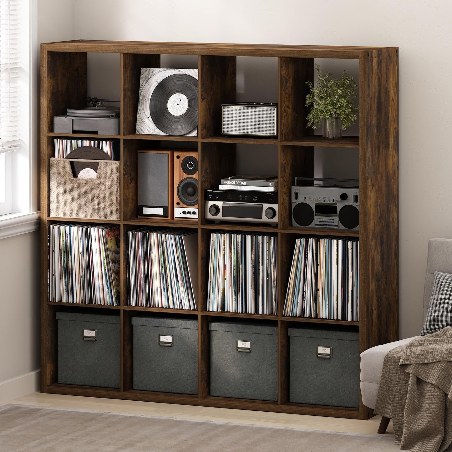 Furinno CUBICLE Record Player Stand with Vinyl Storage, 16-Cube 1.2 Extra Thick Vinyl Record Storage