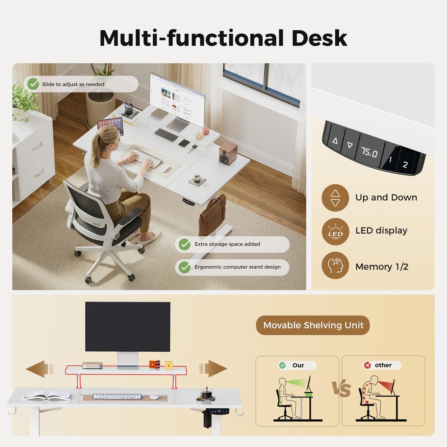Agilestic Eletric Height Adjustable Desk, Movable Monitorstand, 140x80cm