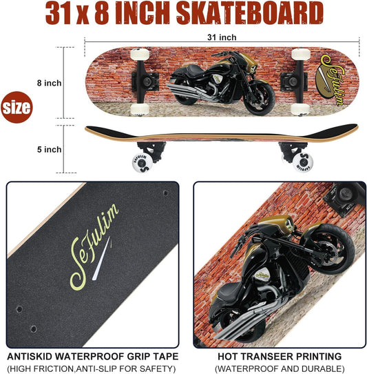 Sefulim 31 x 8 Inch Complete Skateboard 7 Layer Canadian Maple Double Kick Deck Skateboard for Boys Girls Teens Adults Beginner