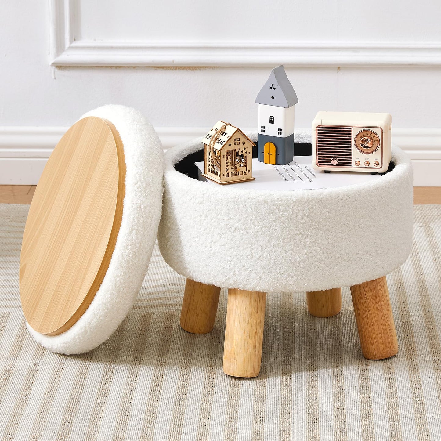 BRIAN & DANY Footstool with Storage, Small Storage Ottoman, Teddy Fleece Round Stool with Lid, Sherpa Foot Stool with Legs for Living Room Entryway
