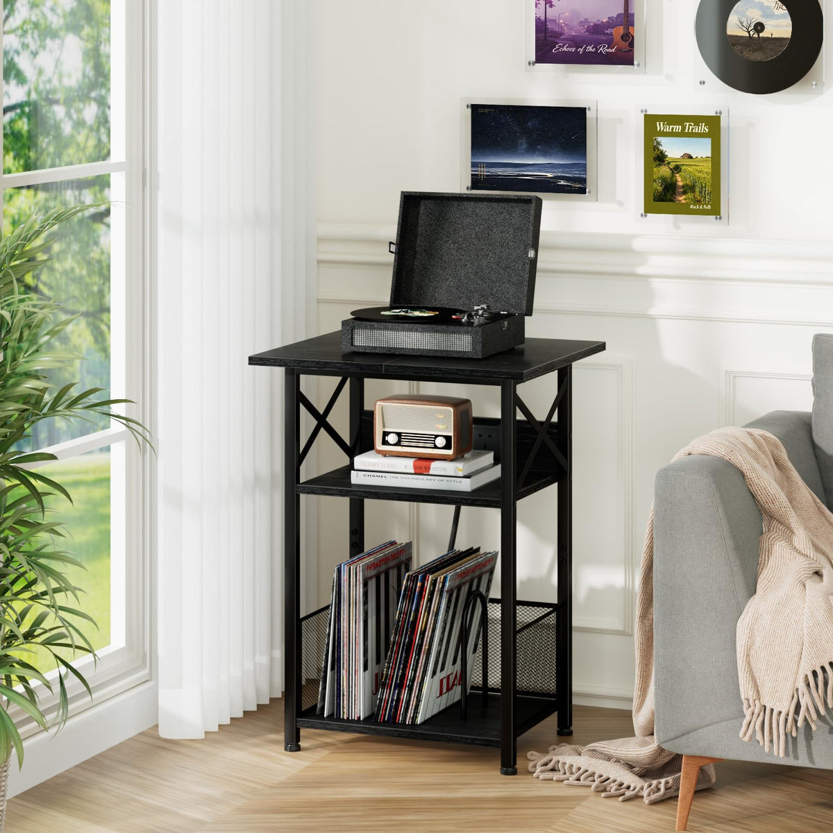 AMHANCIBLE Record Player Stand with Charging Station, Vinyl Record Storage