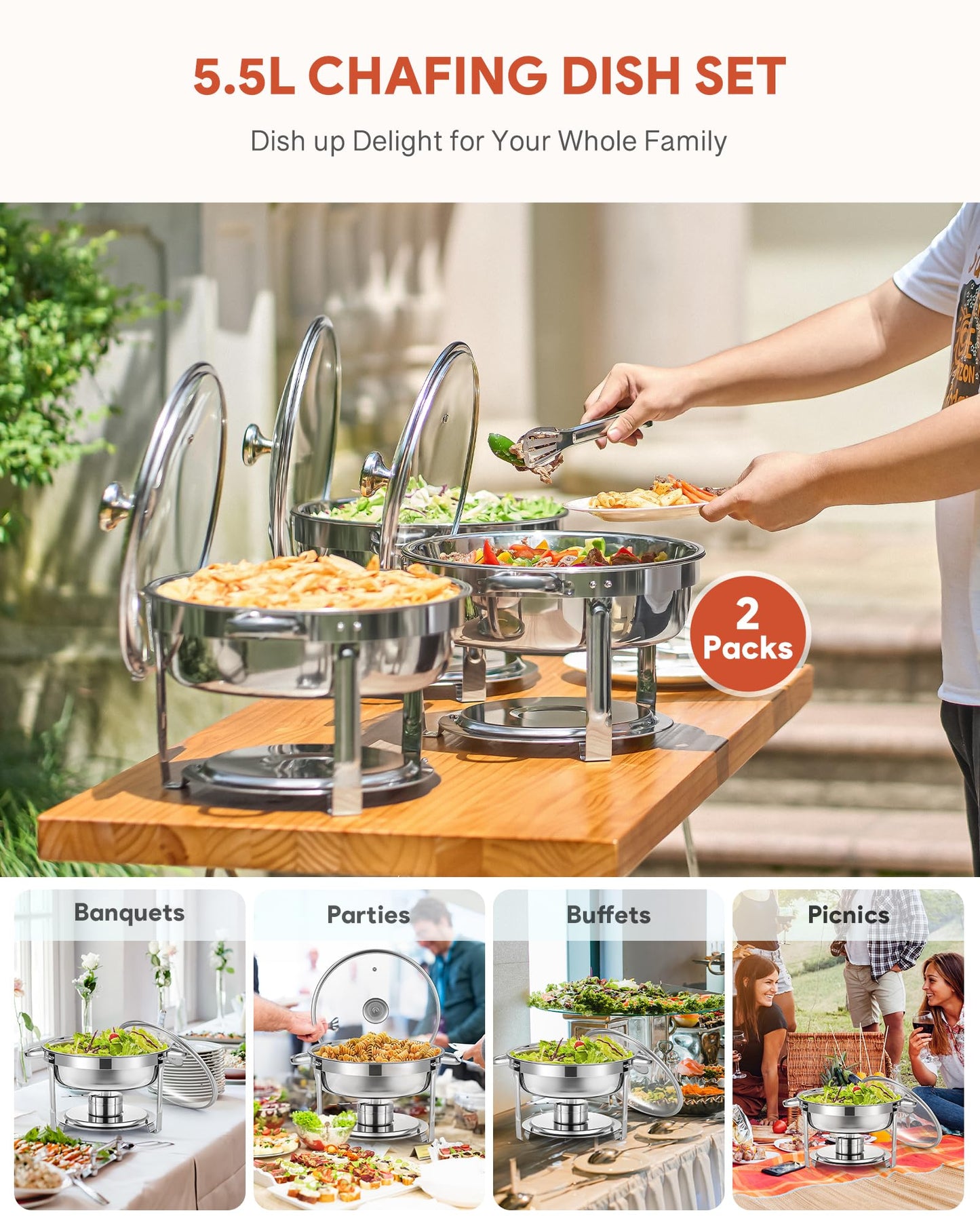 WILPREP Chafing Dish Buffet Set, 2 Pack 5.5L Round Chafers for Catering with Glass Lid & Lid Holder Water Food Pan, Stainless Steel Food Warmers