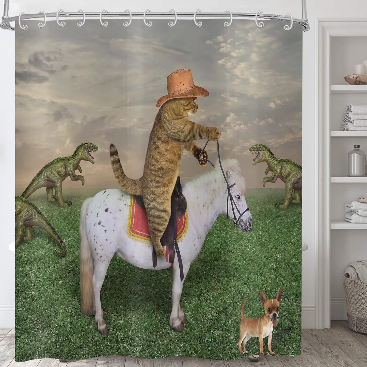 ASDCXZ Shower Curtain Funny 180x180 cm, West Cowboy Farm Funny Cat Ride Horse Washable Textile Bathroom Curtains Polyester Waterproof Shower Curtains