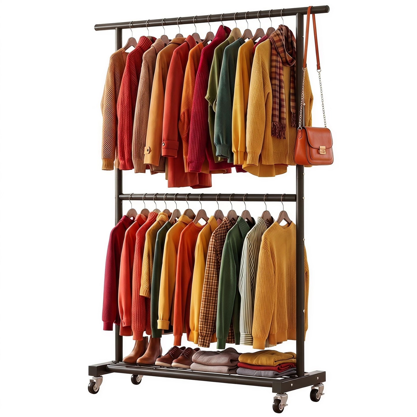 Sywhitta Double Rod Clothing Garment Rack, Rolling Coat Hanger with Bottom Mesh, Clothing Rack for Hanging Clothes, Coats, Skirts, Sweaters, Black
