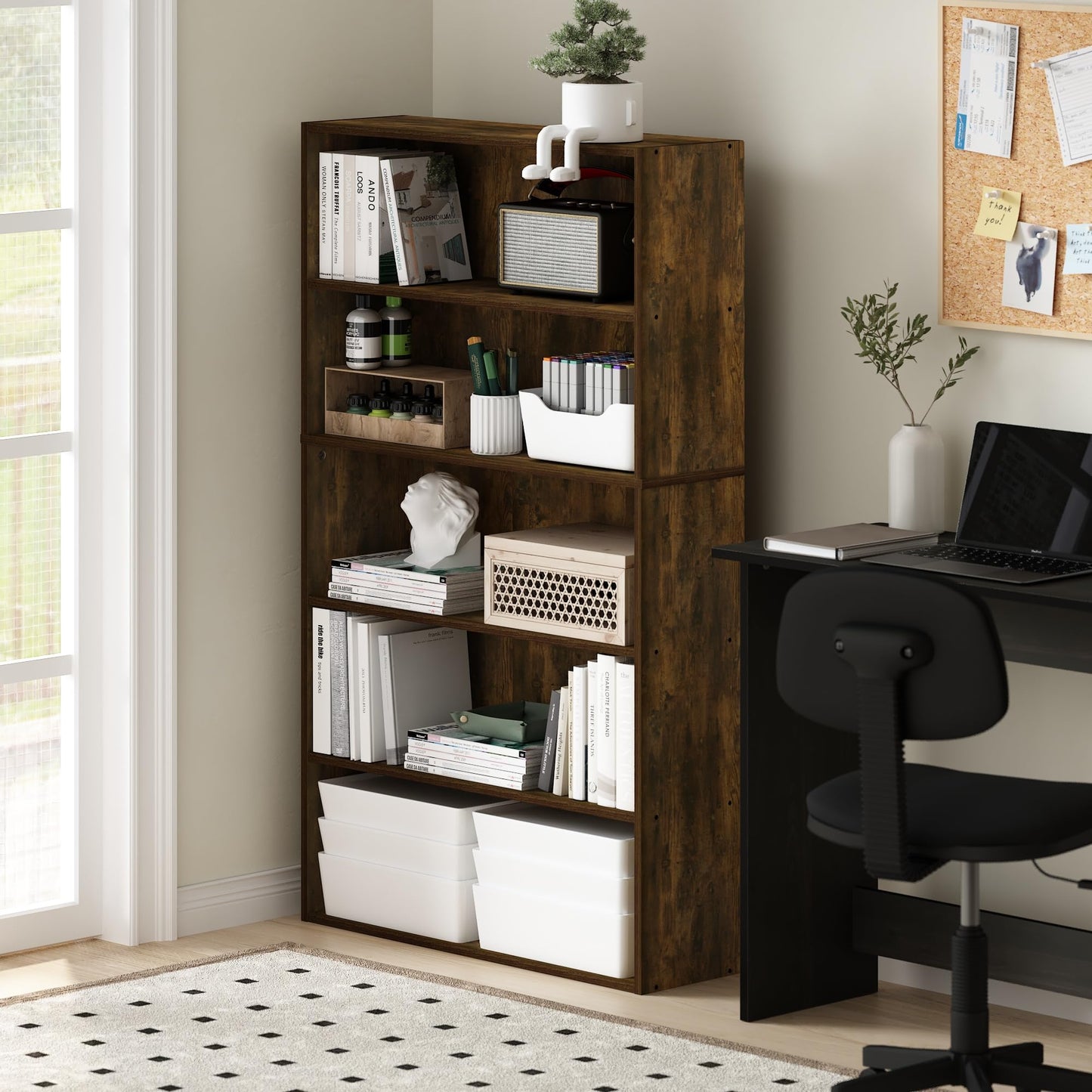 Furinno PASIR Book Shelf, 5-Tier Bookshelf, Bookcase with Open Shelf, 9.4 x 31.5 x 52.7, for Living Room, Bedroom, Home Office, Amber Pine