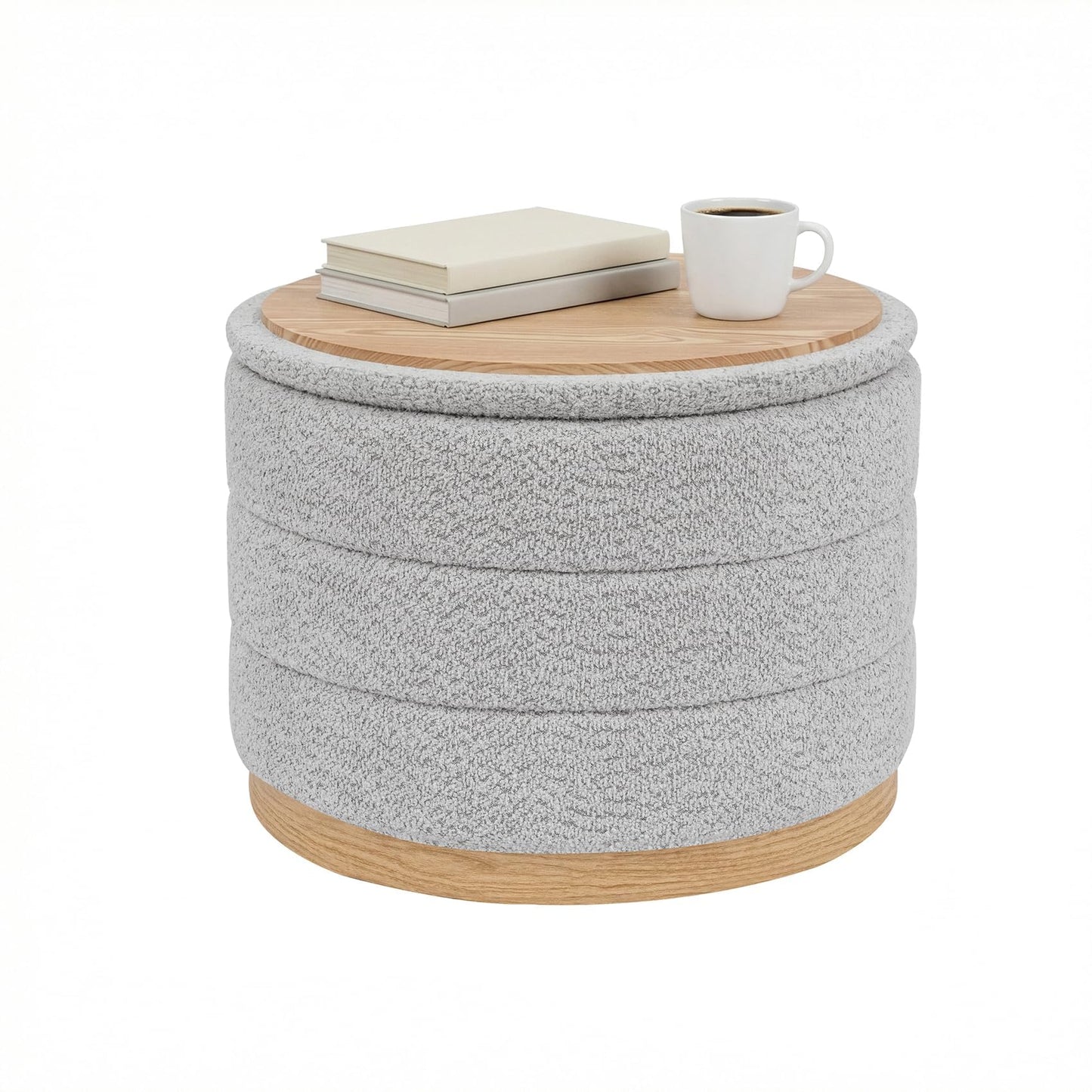 PINPLUS Round Chenille Storage Ottoman, Tray Top, 58x58x44 cm, Silver Grey
